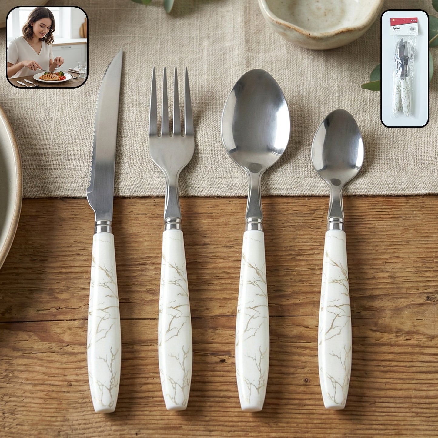 Stainless Steel Cutlery Set with Marble Design Handle (4 Pc Set)