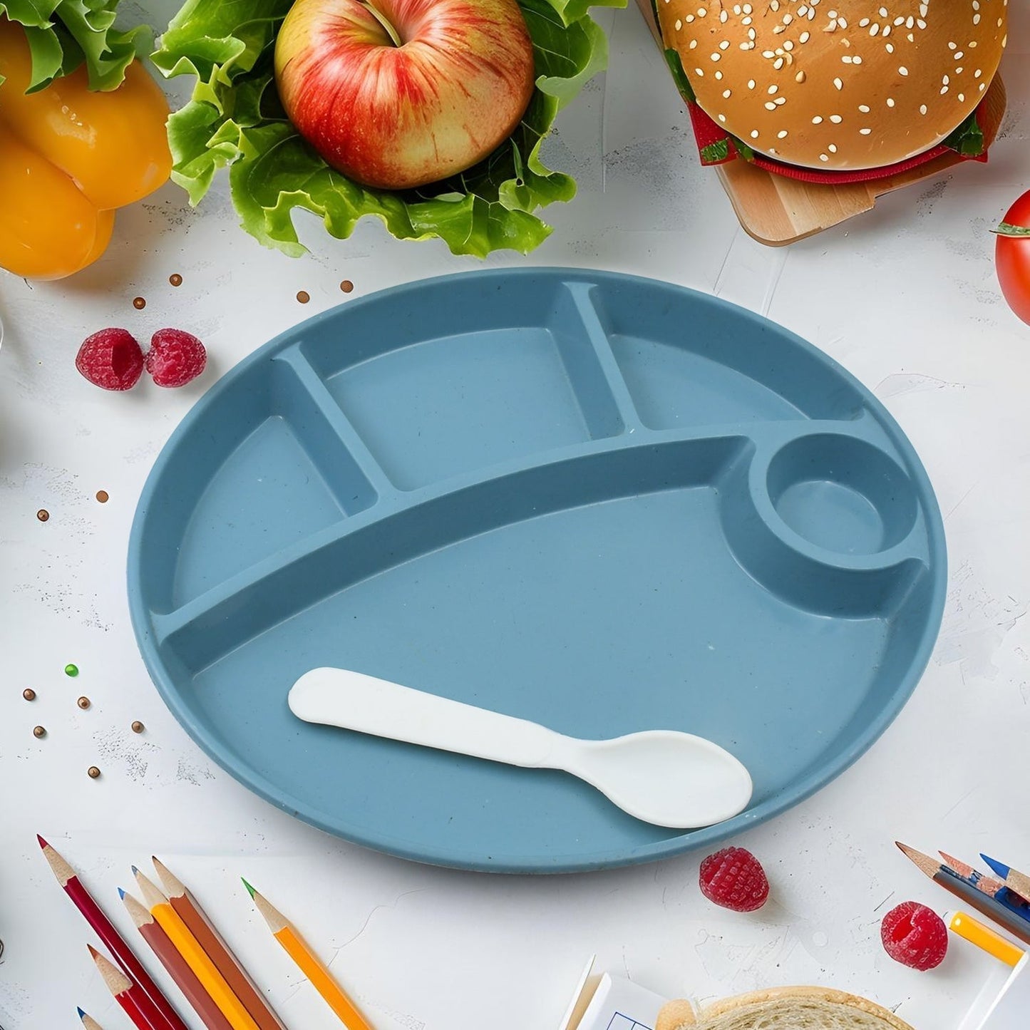 Plastic Food Plates / Biodegradable 5 Compartment Plate With Spoon for Food Snacks / Nuts / Desserts Plates for Kids, Reusable Plates for Outdoor, Camping, BPA-free (1 Pc)