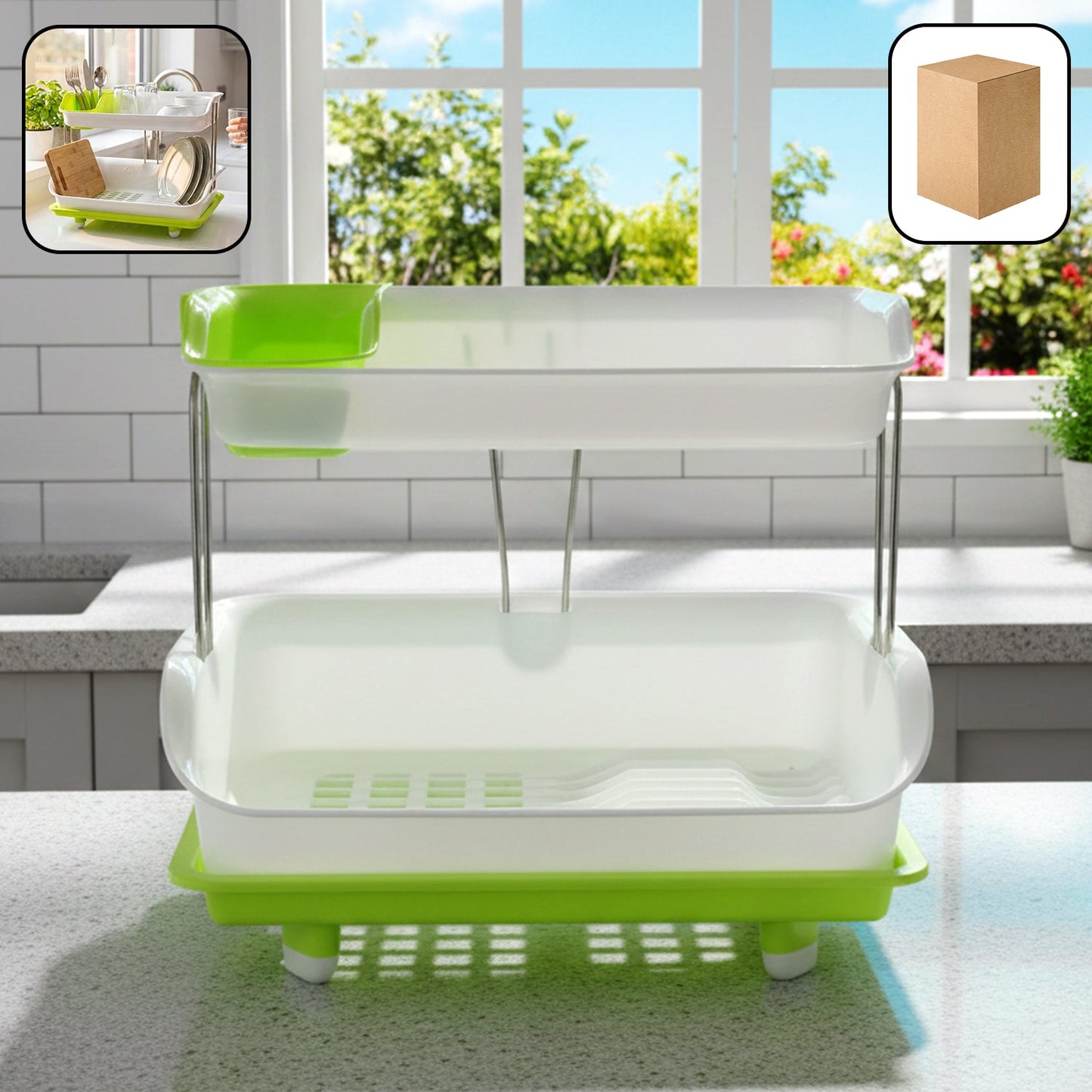Prexo 2 Layer Kitchen Dish Drying Rack with Drain Tray (1 Set)