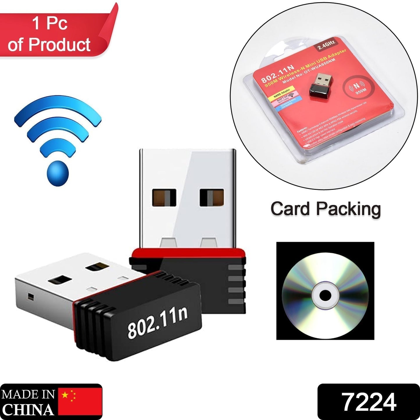 Wireless Mini Wi-Fi Network Adapter with Driver CD for Computer & Laptop
