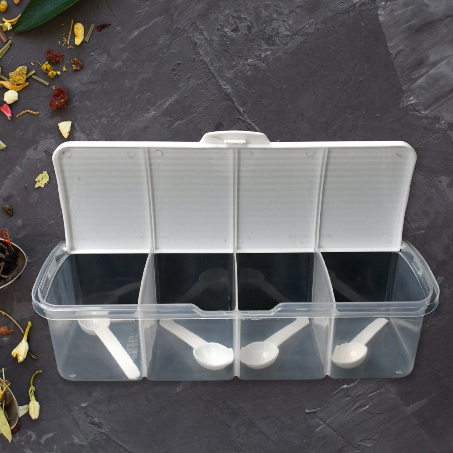 Kitchen Multipurpose Air-tight 4 Sections Storage Containers / Masala Box Pickle (Achar) Jar with 4 spoon for each section (1 Pc / Mix Color)
