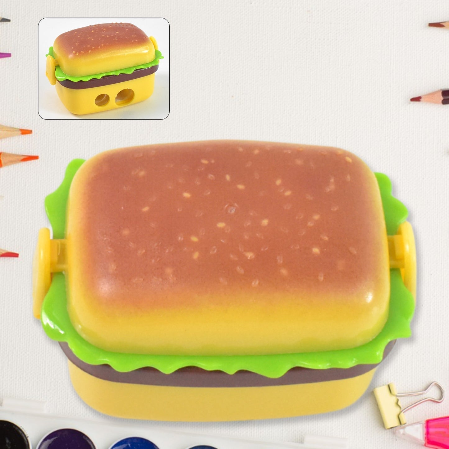Plastic Burger Shape Small Size Double Hole Sharpener With Eraser (1 Set)