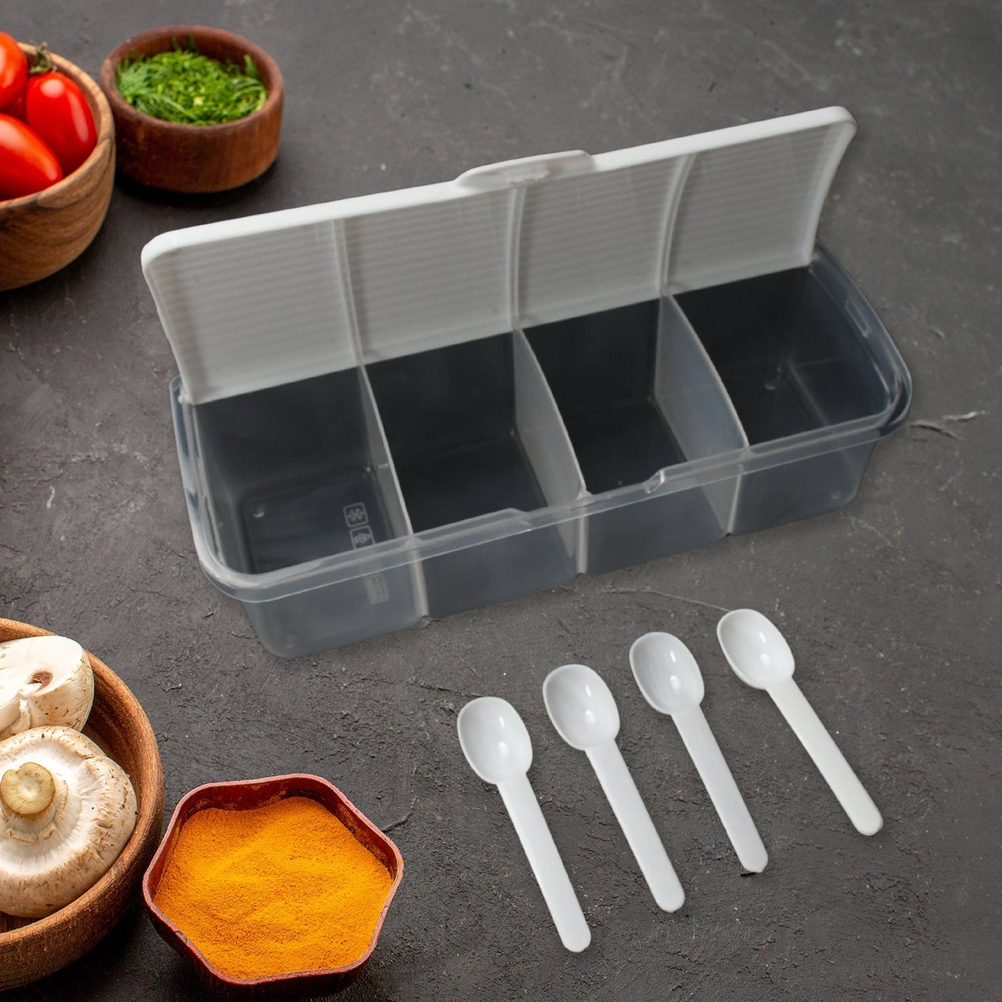Kitchen Multipurpose Air-tight 4 Sections Storage Containers / Masala Box Pickle (Achar) Jar with 4 spoon for each section (1 Pc / Mix Color)