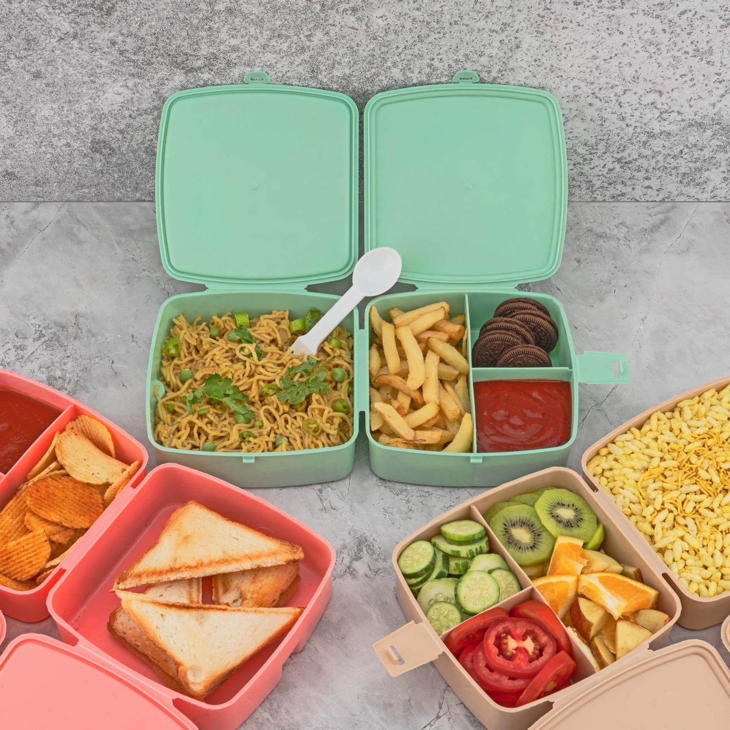 Double-Layer Square Lunch Box with Spoon , 4 Compartment Tiffin & Push Lock , Plastic Tiffin Box for Travelling, School Kids & Office Exclusive, Home
