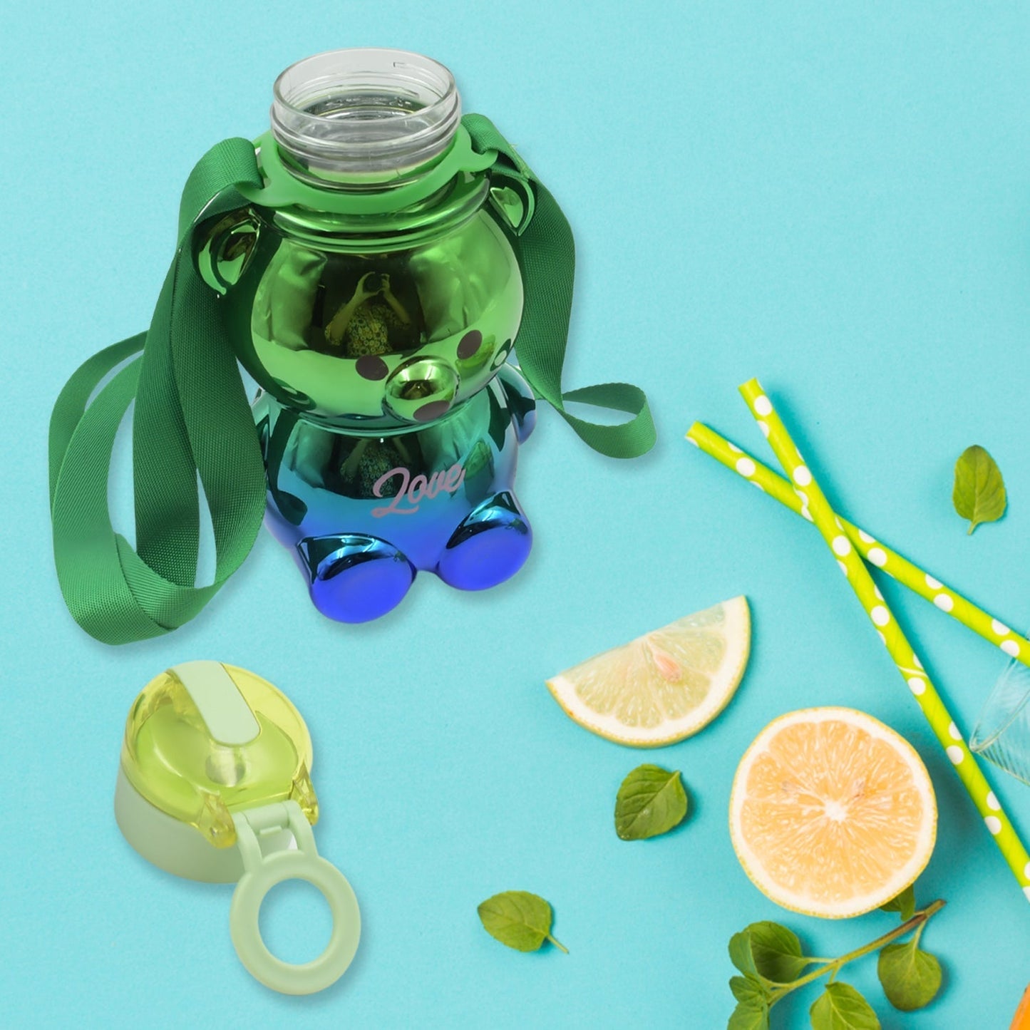 Cute Plastic Water Bottle with Strap & Stickers | Kids School Water Bottle with Straw (1 Pc)