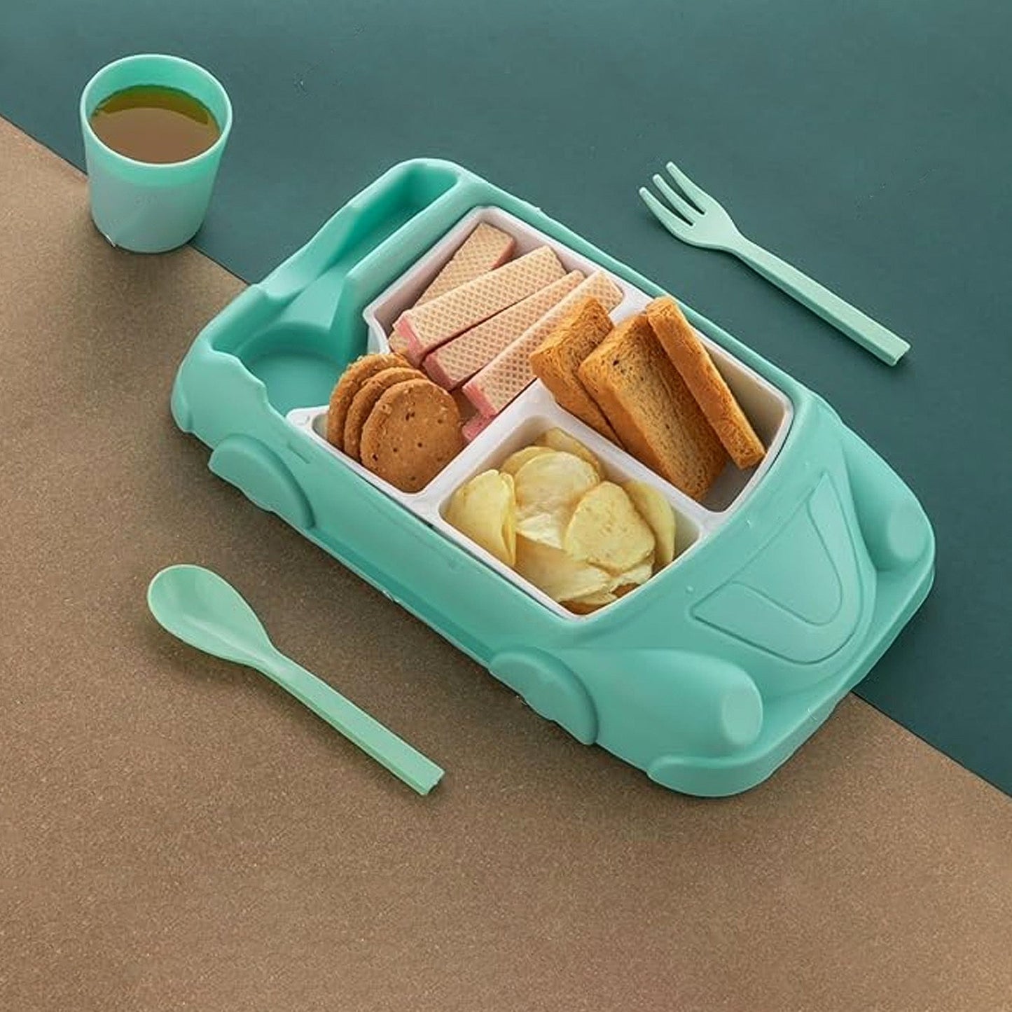 Kid's Car Shaped Plates Cup / Lunch Box Dinnerware Set (4 Pcs Set / 1000 ML Lunch Box)
