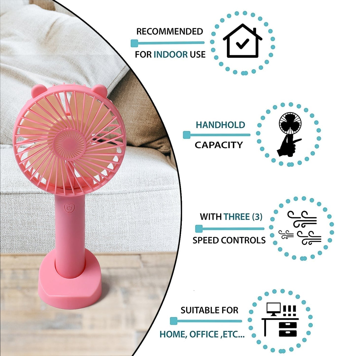 Portable Classic Hand Fan - 3-Speed Table Fan (Battery Not Included)