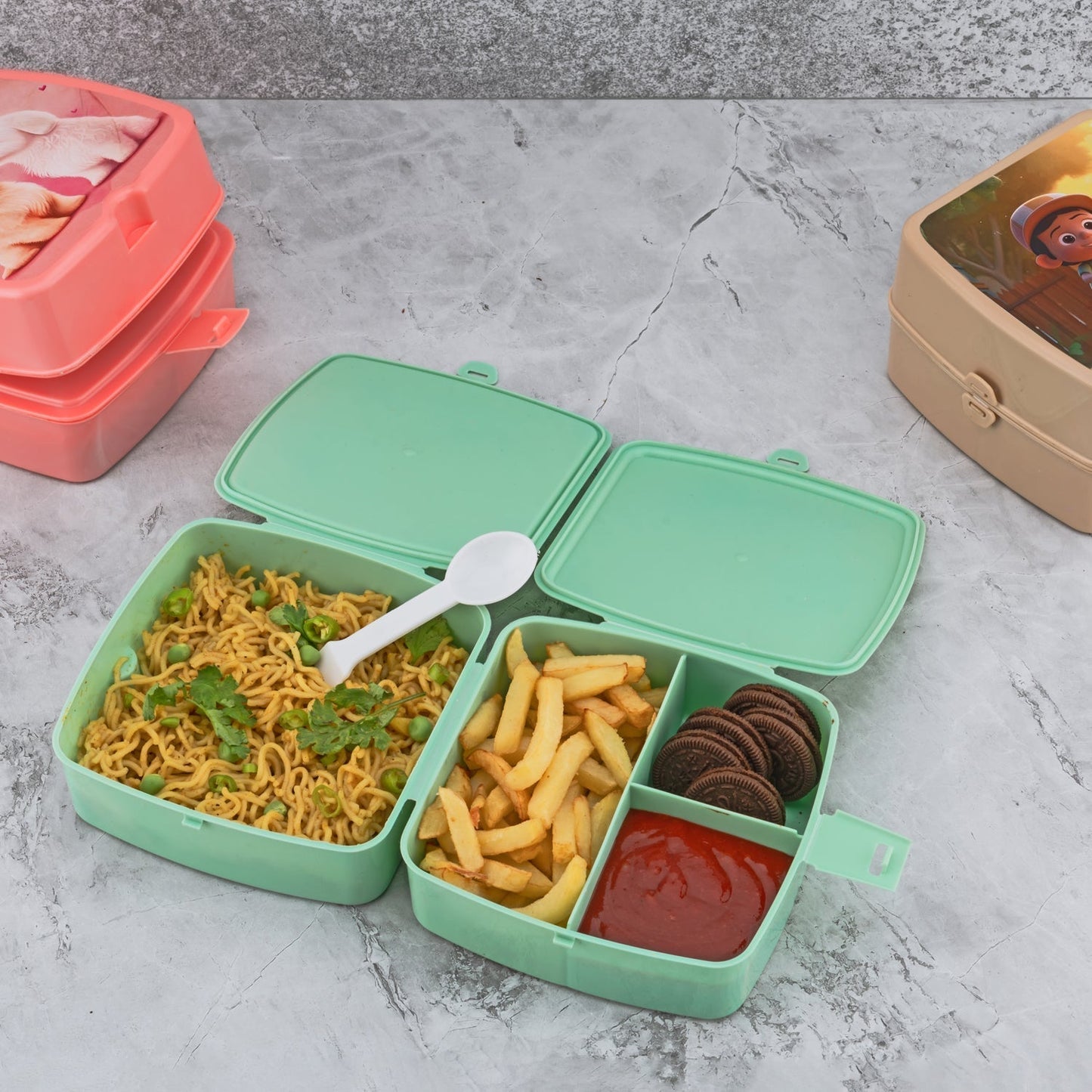 Double-Layer Square Lunch Box with Spoon , 4 Compartment Tiffin & Push Lock , Plastic Tiffin Box for Travelling, School Kids & Office Exclusive, Home