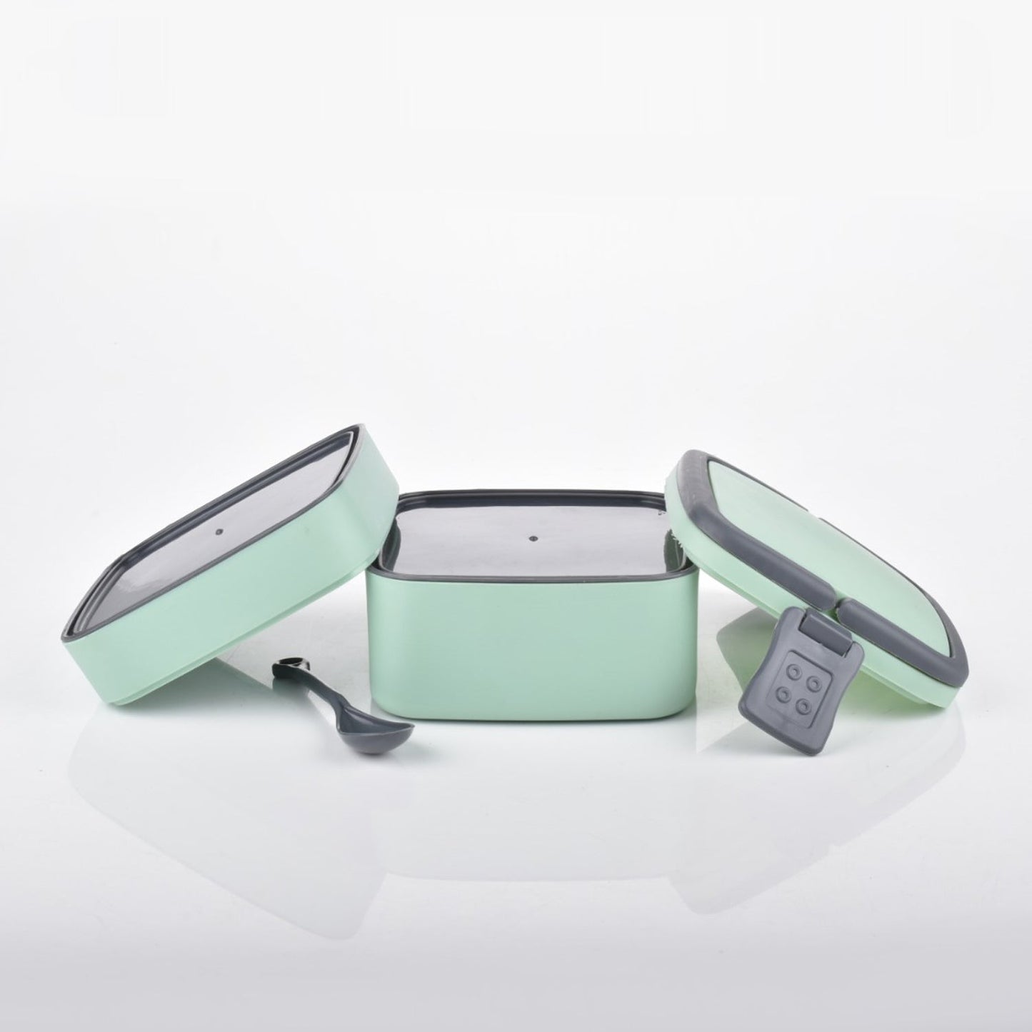 GREEN DOUBLE-LAYER PORTABLE LUNCH BOX STACKABLE WITH CARRYING HANDLE AND SPOON LUNCH BOX , Bento Lunch Box