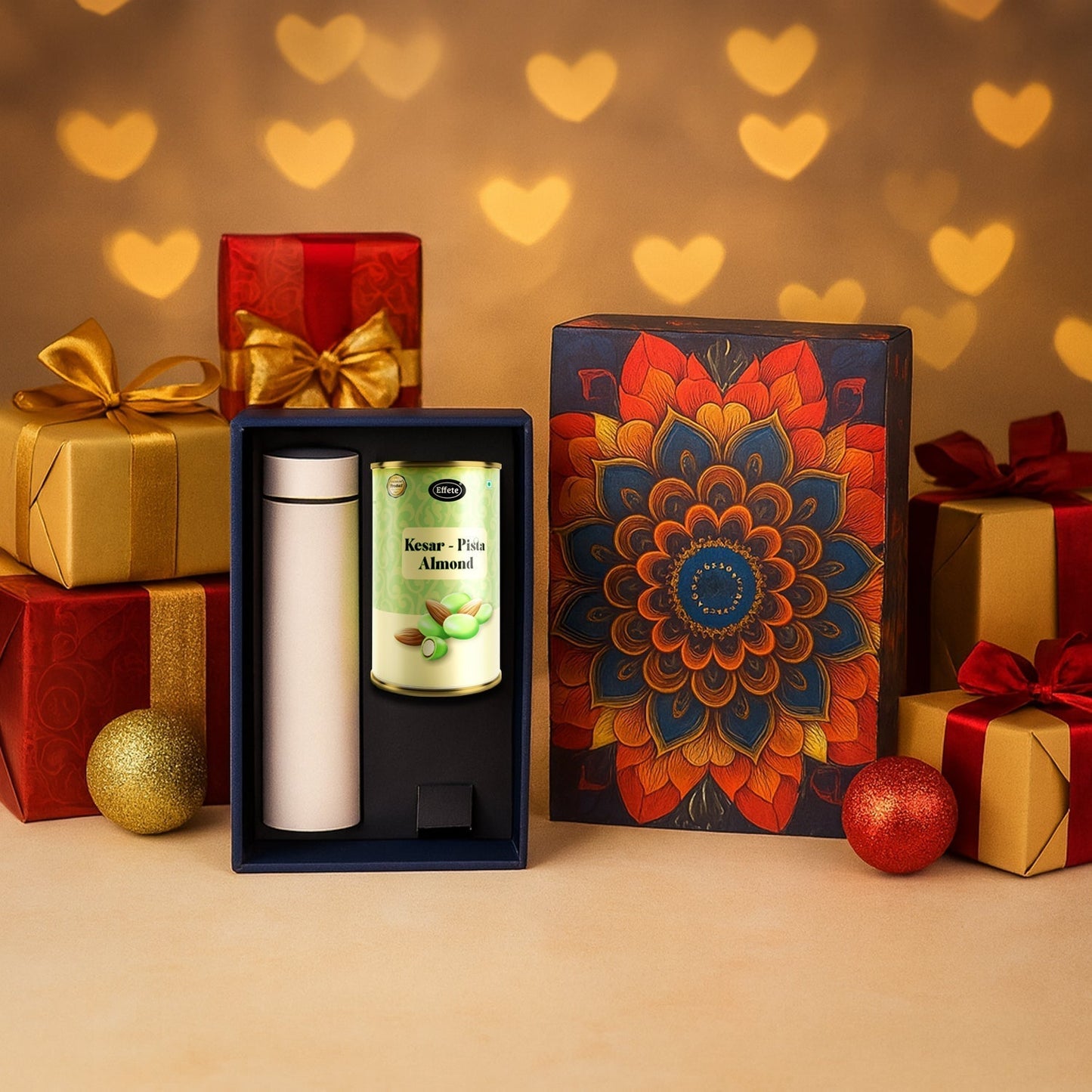 Effete Kesar Pista Almonds Gift Hamper, Golden With Bottle (2 Pc Set), Mix Color