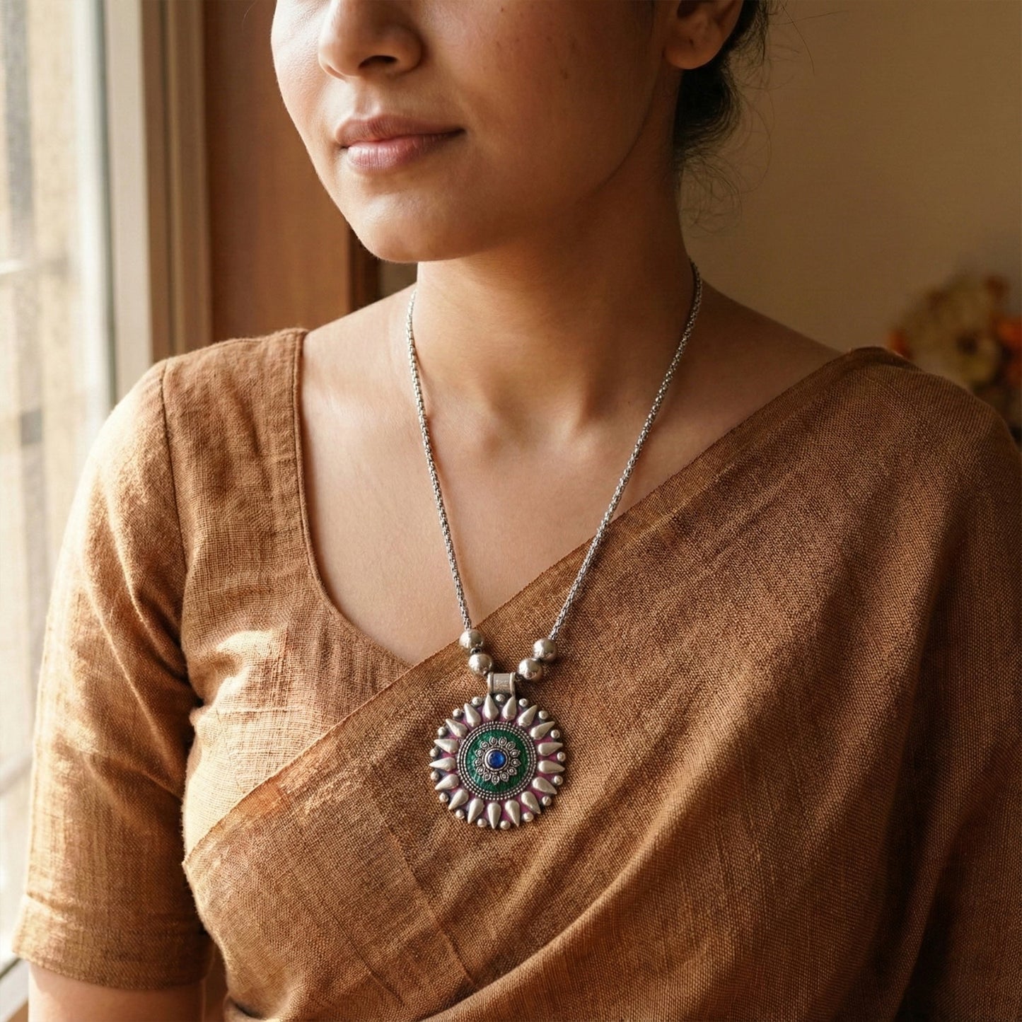 Oxidized Silver Finish Traditional Round Mandala Pendant Necklace (1 pC)