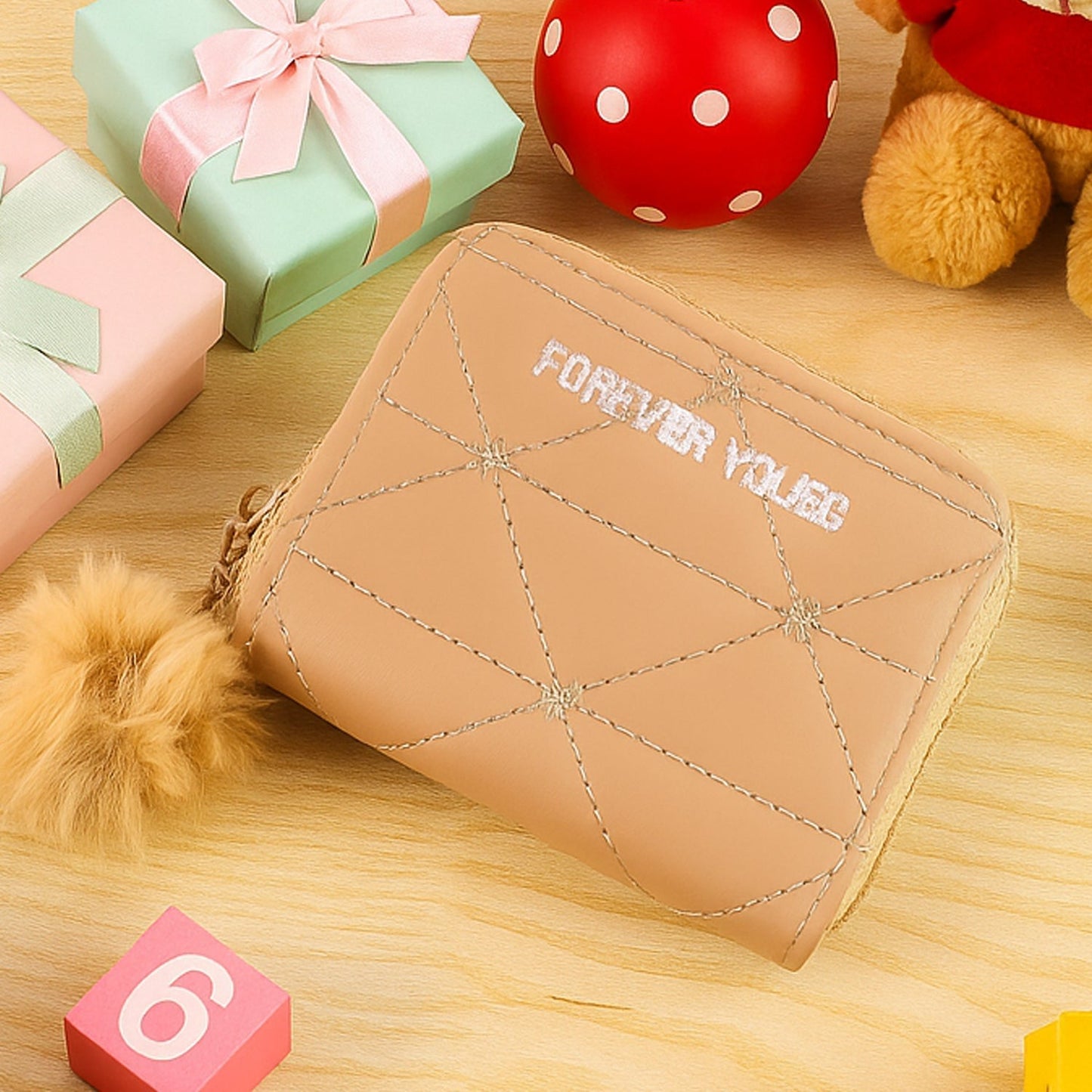 Stylish Kids Wallet with Soft Fur Zip Puller (1 Pc)