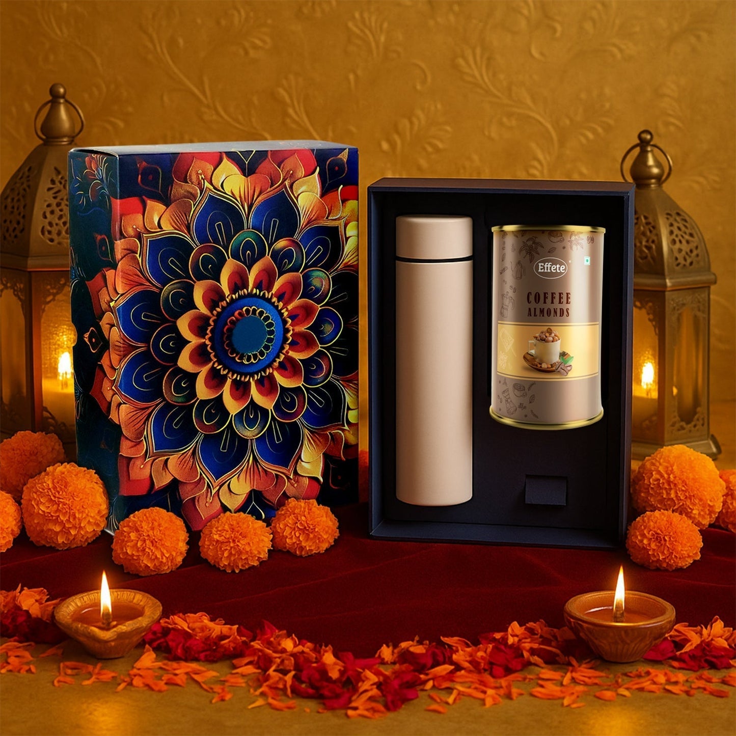 Effete Coffee Almonds Gift Hamper, Golden With Bottle (2 Pc Set), Mix Color