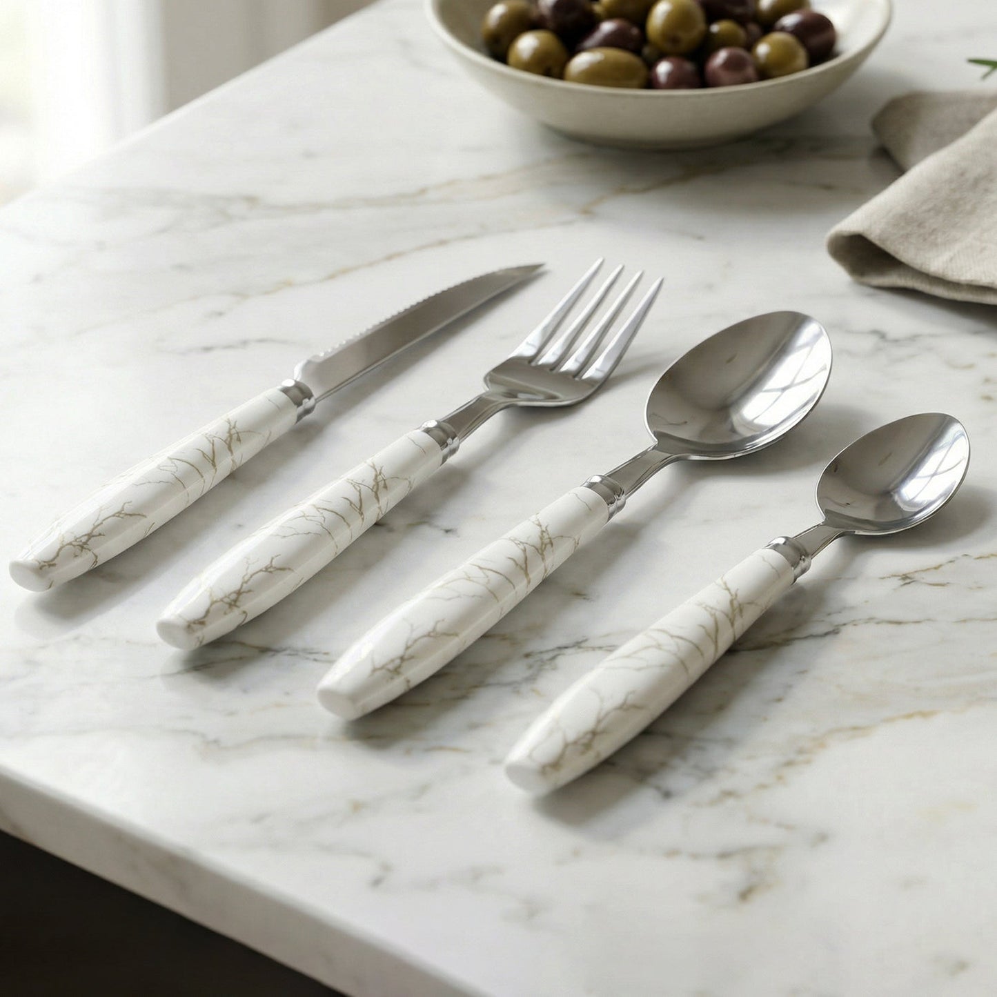 Stainless Steel Cutlery Set with Marble Design Handle (4 Pc Set)