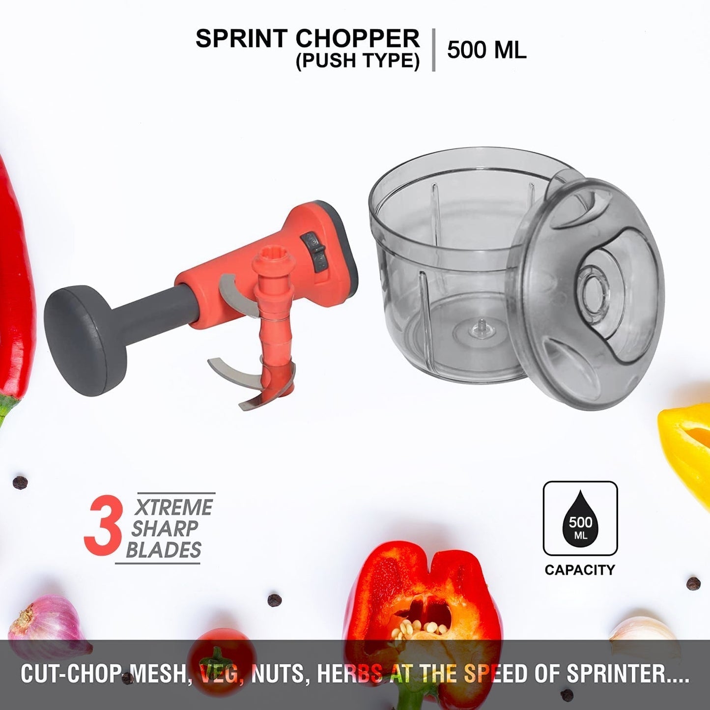 Matte Finish Hand Press Chopper with 3 Blades for Easy Vegetable & Fruit Chopping