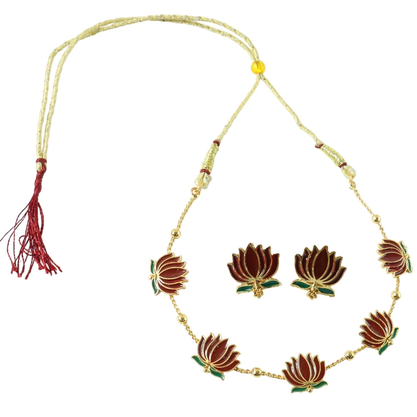 Traditional Lotus Design Necklace with Stud Earrings Set (1 Set)