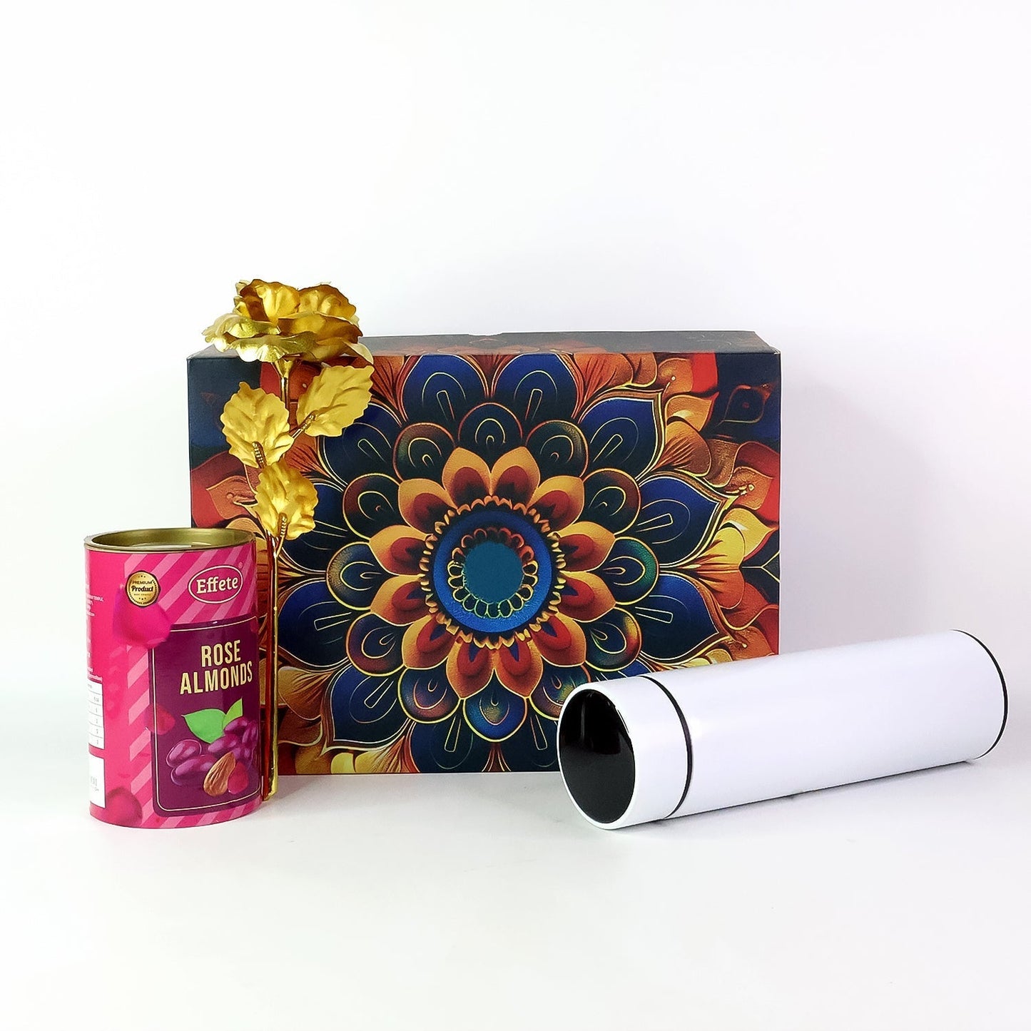 Effete Rose Almonds Gift Hamper, Golden Rose With Bottle (3 Pc Set), Mix Color