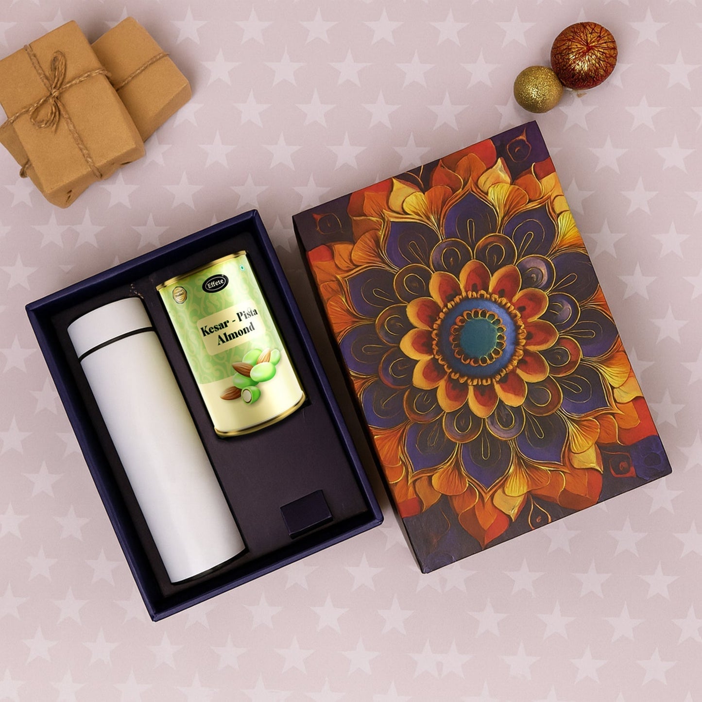 Effete Kesar Pista Almonds Gift Hamper, Golden With Bottle (2 Pc Set), Mix Color