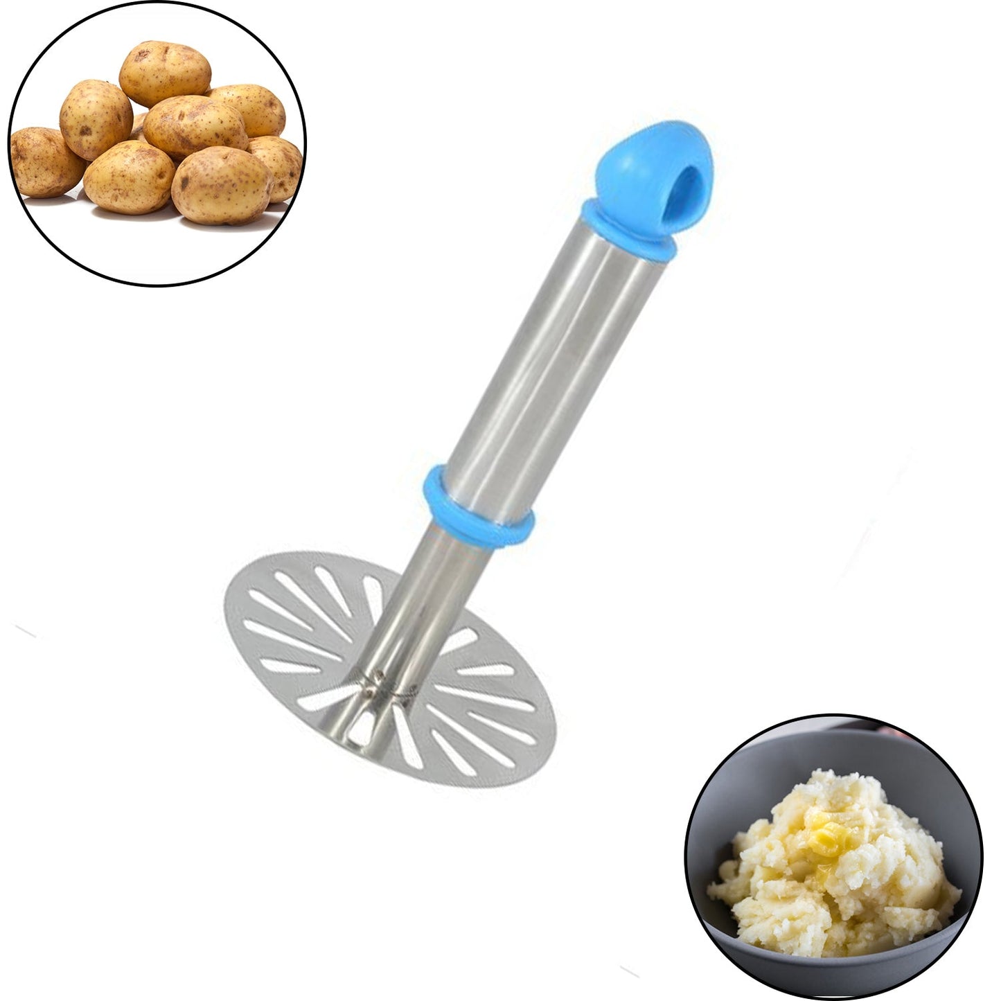 Ganesh Potato / Pav Bhaji Masher with Plastic Handle, Silver & Plastic - Oval Pav Masher, Potato 1-Piece, Smasher Handle, Multicolor