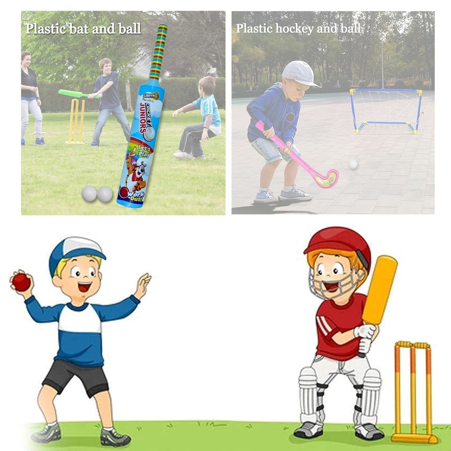 Combo of Light Weight Plastic Bat, Ball & Hockey for Kids
