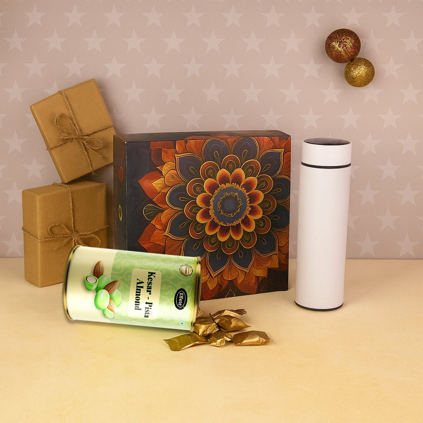 Effete Kesar Pista Almonds Gift Hamper, Golden With Bottle (2 Pc Set), Mix Color
