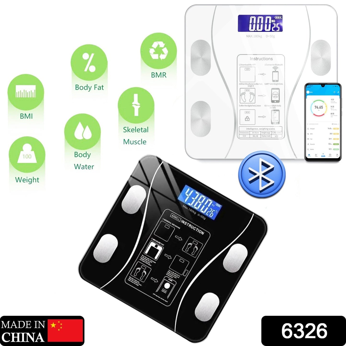 Bluetooth Body Fat Scale Digital Smart Body Weight Scale iOS and Android App to Manage Body Weight, Body Fat, Water, Muscle Mass, BMI, BMR, Bone Mass and Visceral Fat with BMI Scale