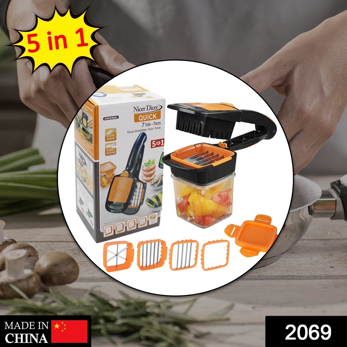 5 In 1 Nicer Dicer used for cutting and shredding of various types of food stuff in all kitchen purposes.