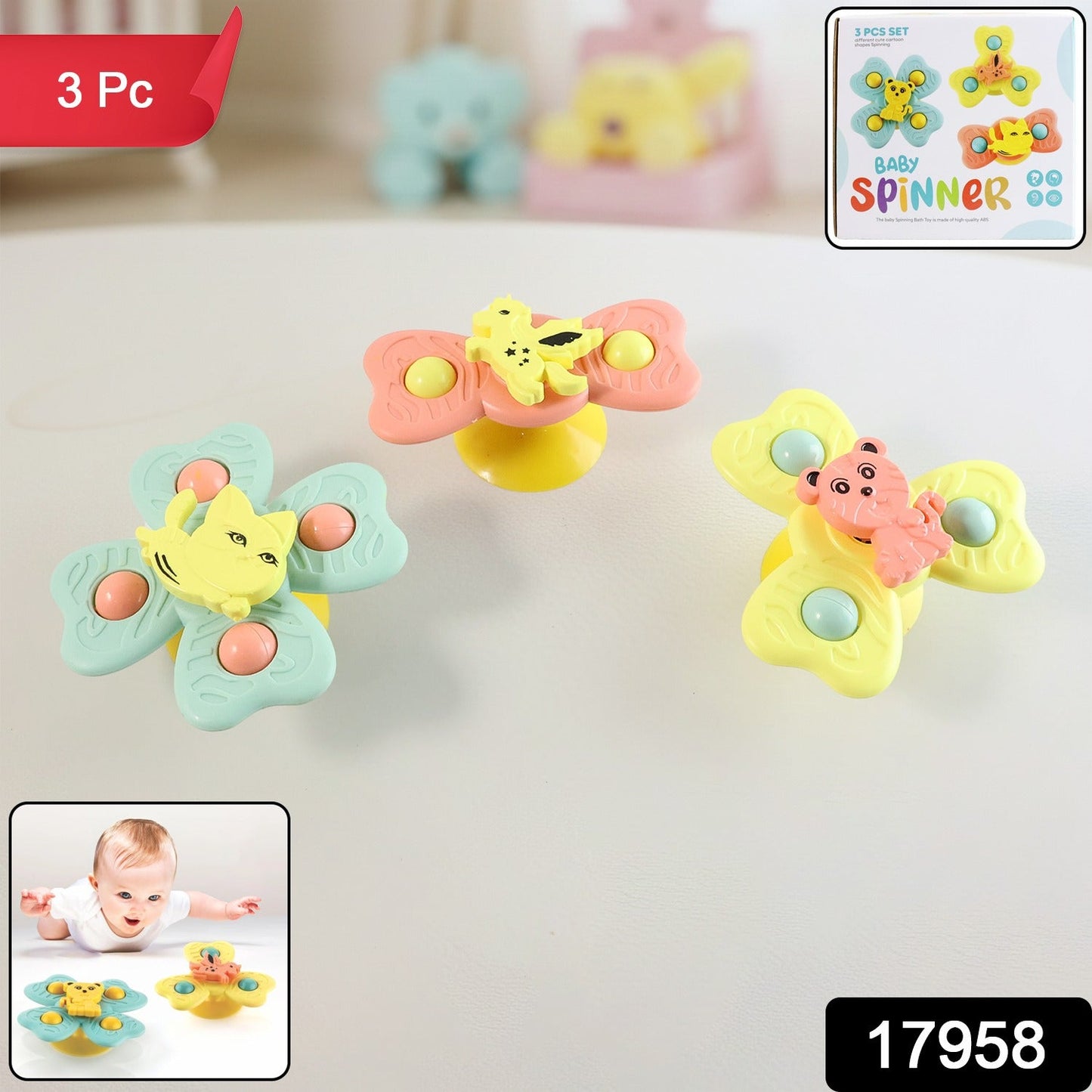 Buzzy Baby Spinner Toy Set – Suction Cup Spinning Toys (3 Pc Set)