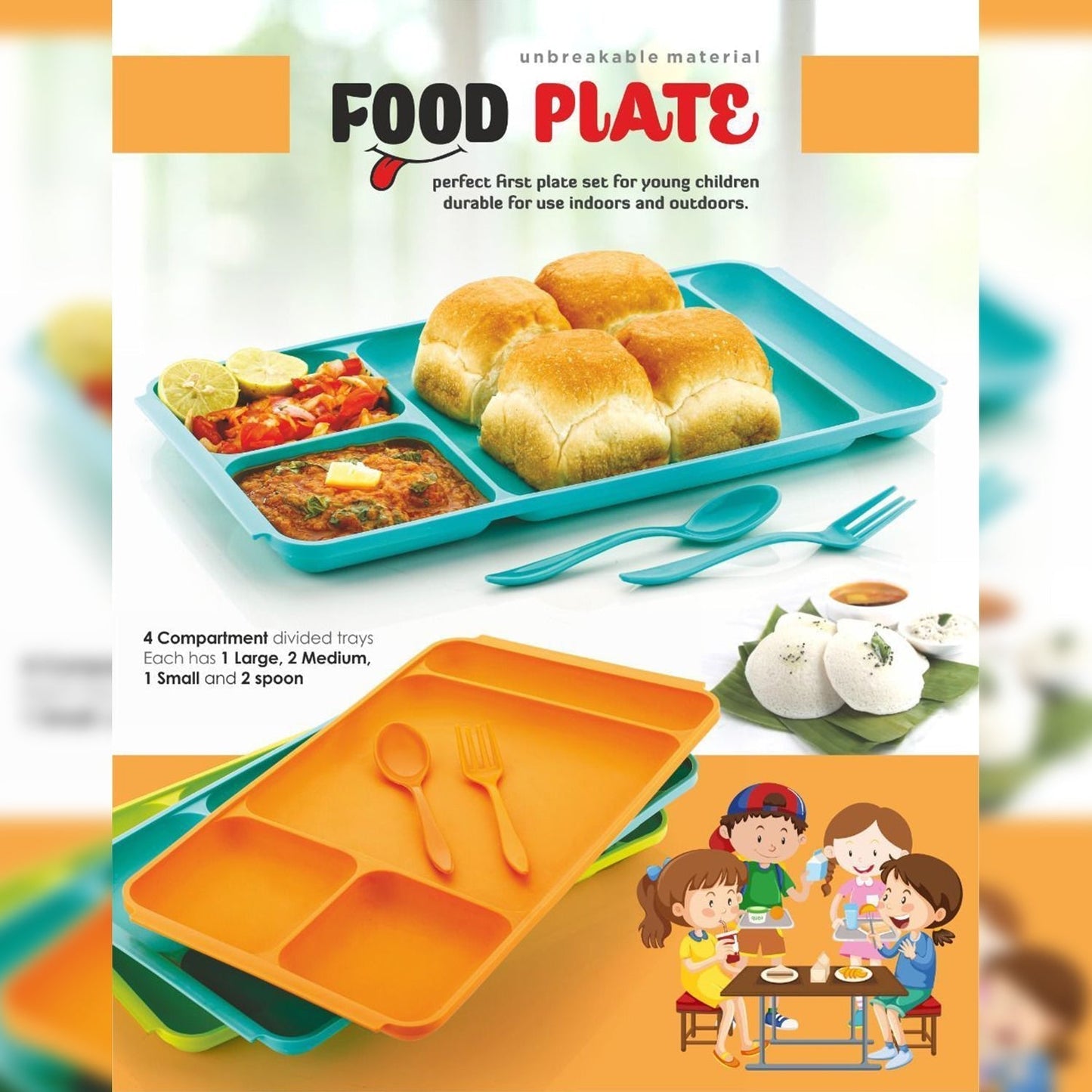 4-Compartment Plastic Dish Set with Spoon & Fork – Versatile Dinner & Pav Bhaji Plate