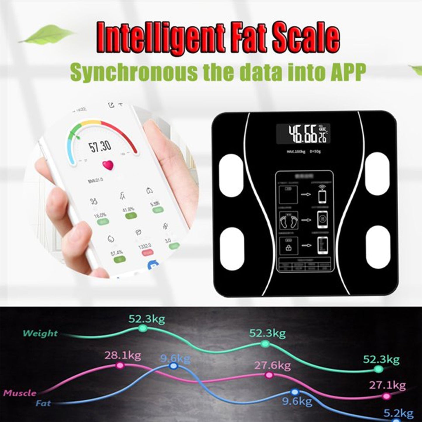 Bluetooth Body Fat Scale Digital Smart Body Weight Scale iOS and Android App to Manage Body Weight, Body Fat, Water, Muscle Mass, BMI, BMR, Bone Mass and Visceral Fat with BMI Scale