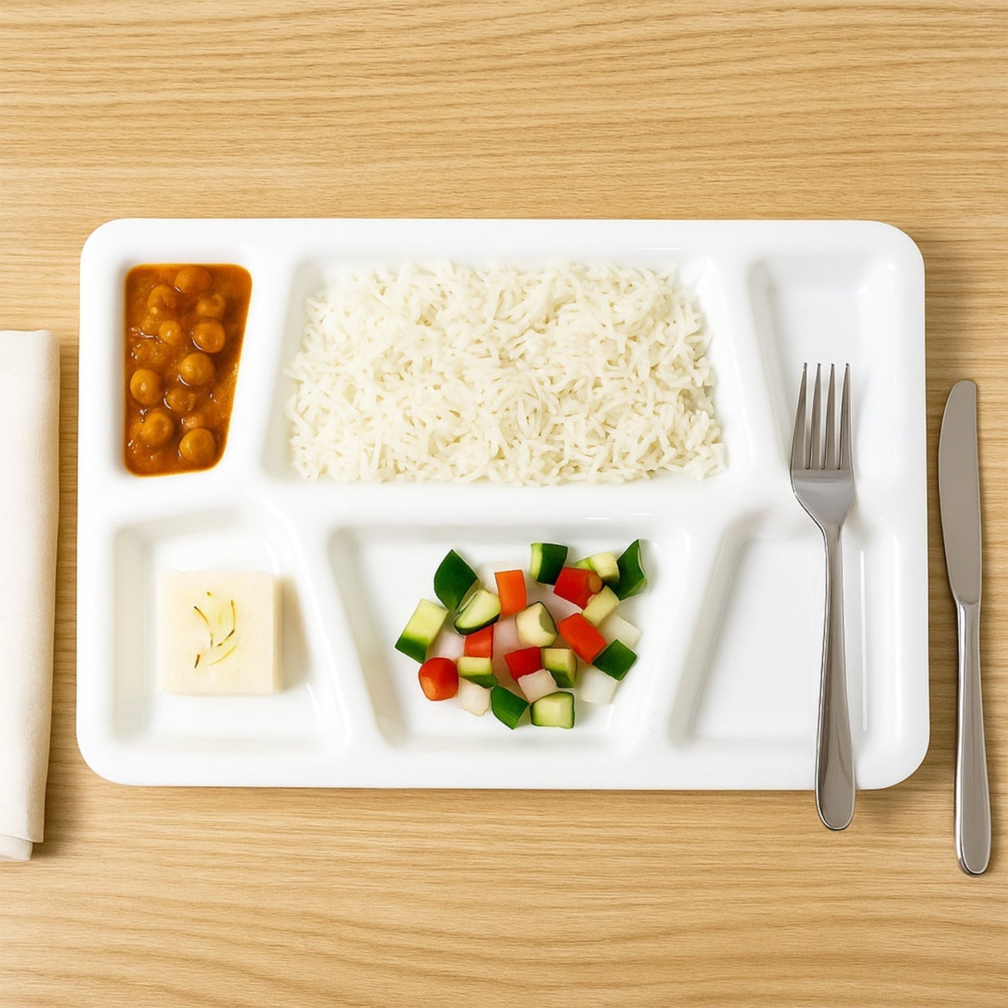 Plastic Multi-Compartment Rectangular Meal Serving Tray / Plate (1 Pc / White)