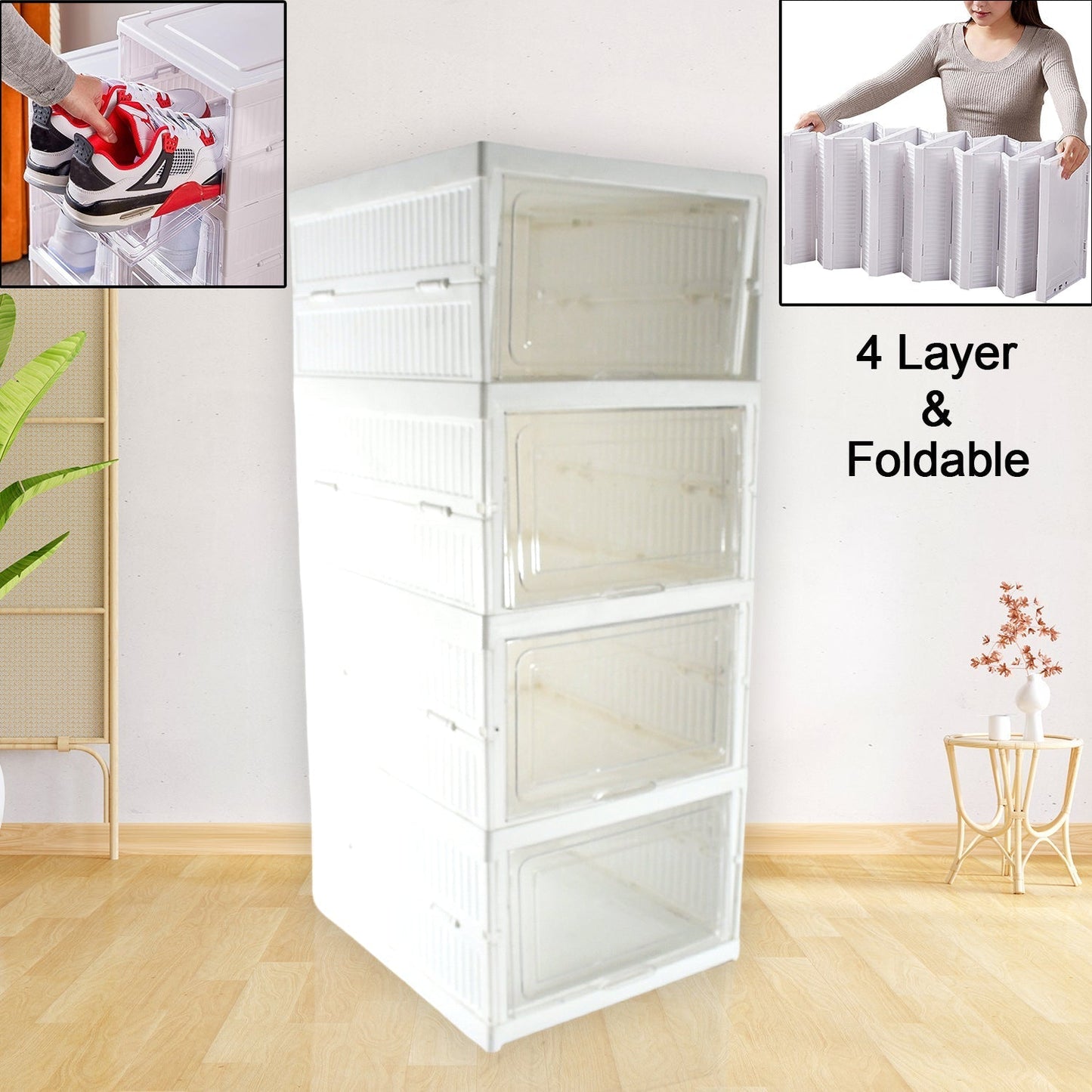 Stackable Multifunctional Storage, for Clothes Foldable Drawer Shelf Basket Utility Cart Rack Storage Organizer Cart for Kitchen, Pantry Closet, Bedroom, Bathroom, Laundry (4 Layer / 1 Pc)