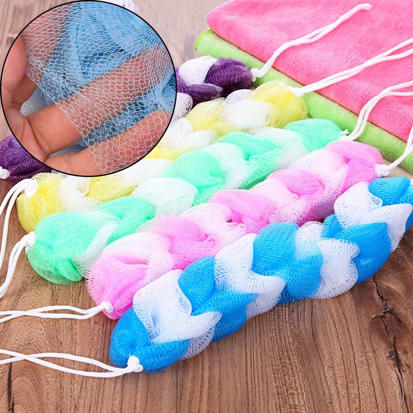 Hanging Small Loofah Sponge Poufs – Body Scrubbers for Bath & Shower (Pack of 6)