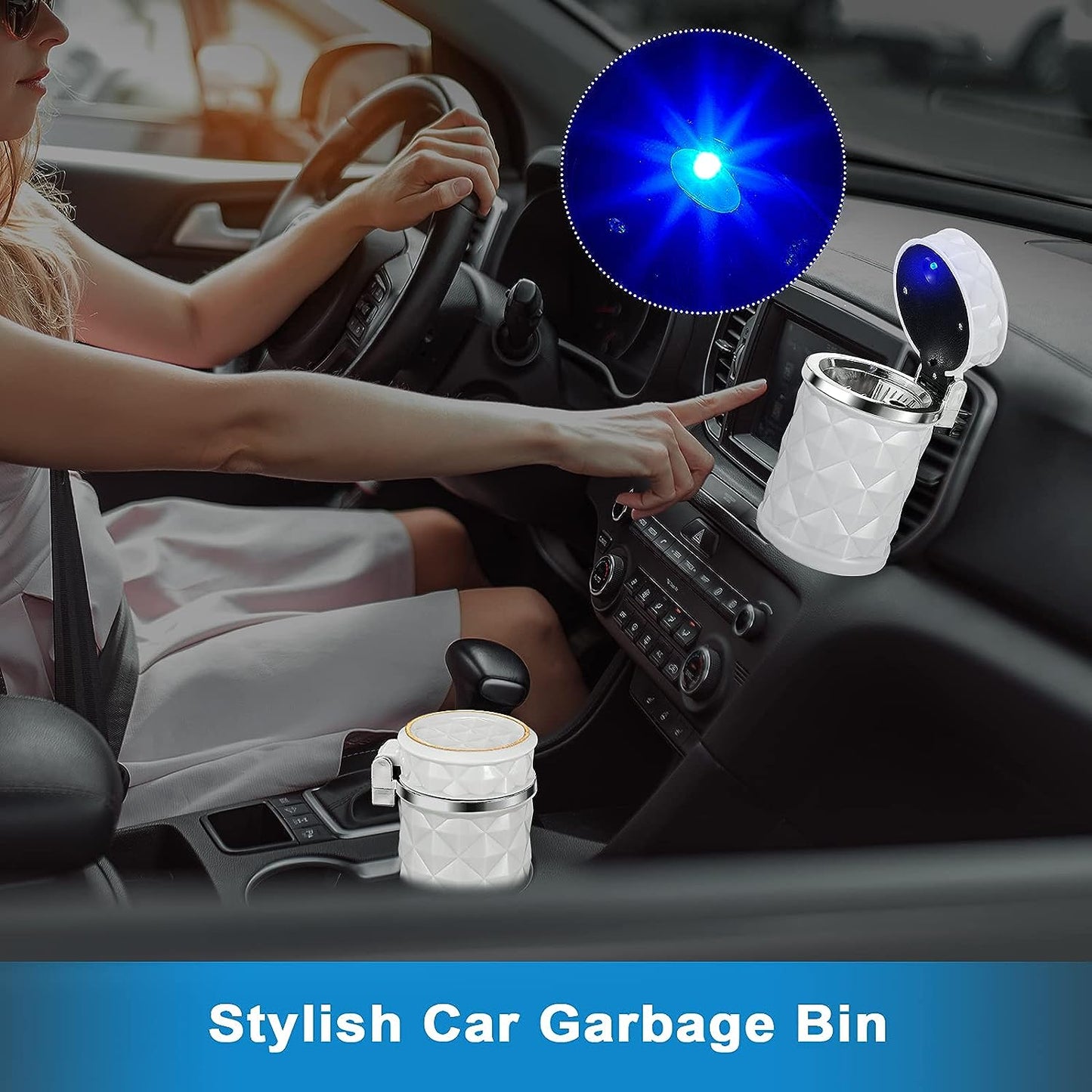 Car Cupholder LED Ashtray – Portable with Blue Light, Lid & Waste Bin, Cigarette Ashtray