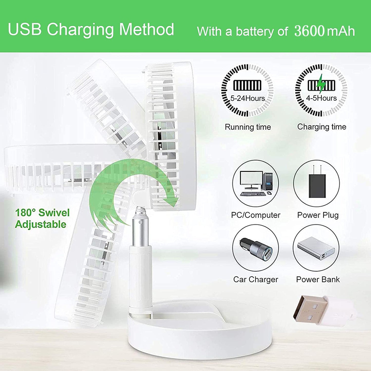 TELESCOPIC ELECTRIC DESKTOP FAN, HEIGHT ADJUSTABLE, FOLDABLE & PORTABLE FOR TRAVEL/CARRY | SILENT TABLE TOP PERSONAL FAN FOR BEDSIDE, OFFICE TABLE (Battery Not Include)