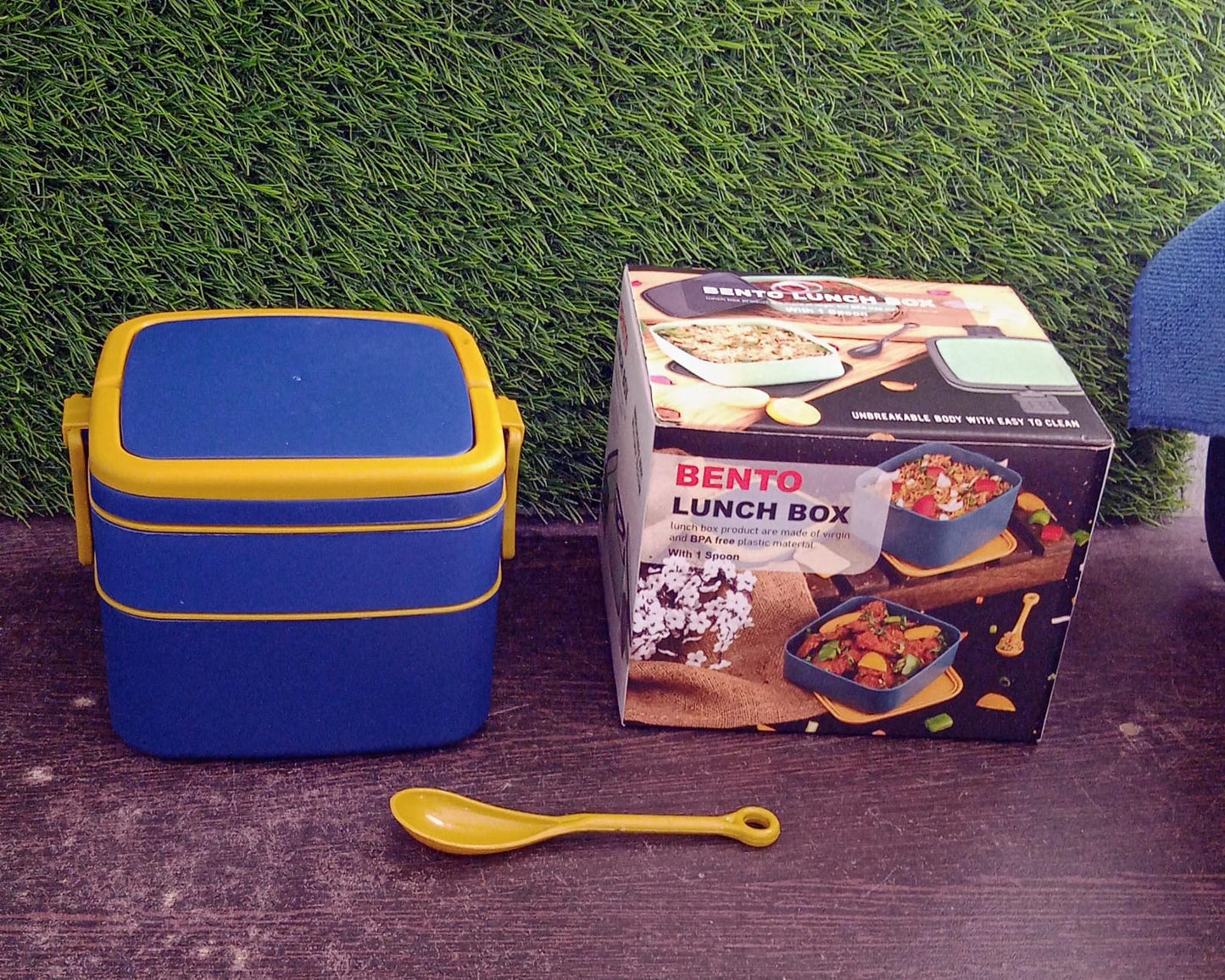 Blue Double-Layer Portable Bento Lunch Box – Stackable with Handle & Spoon