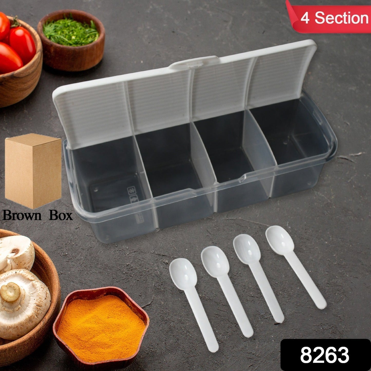 Kitchen Multipurpose Air-tight 4 Sections Storage Containers / Masala Box Pickle (Achar) Jar with 4 spoon for each section (1 Pc / Mix Color)