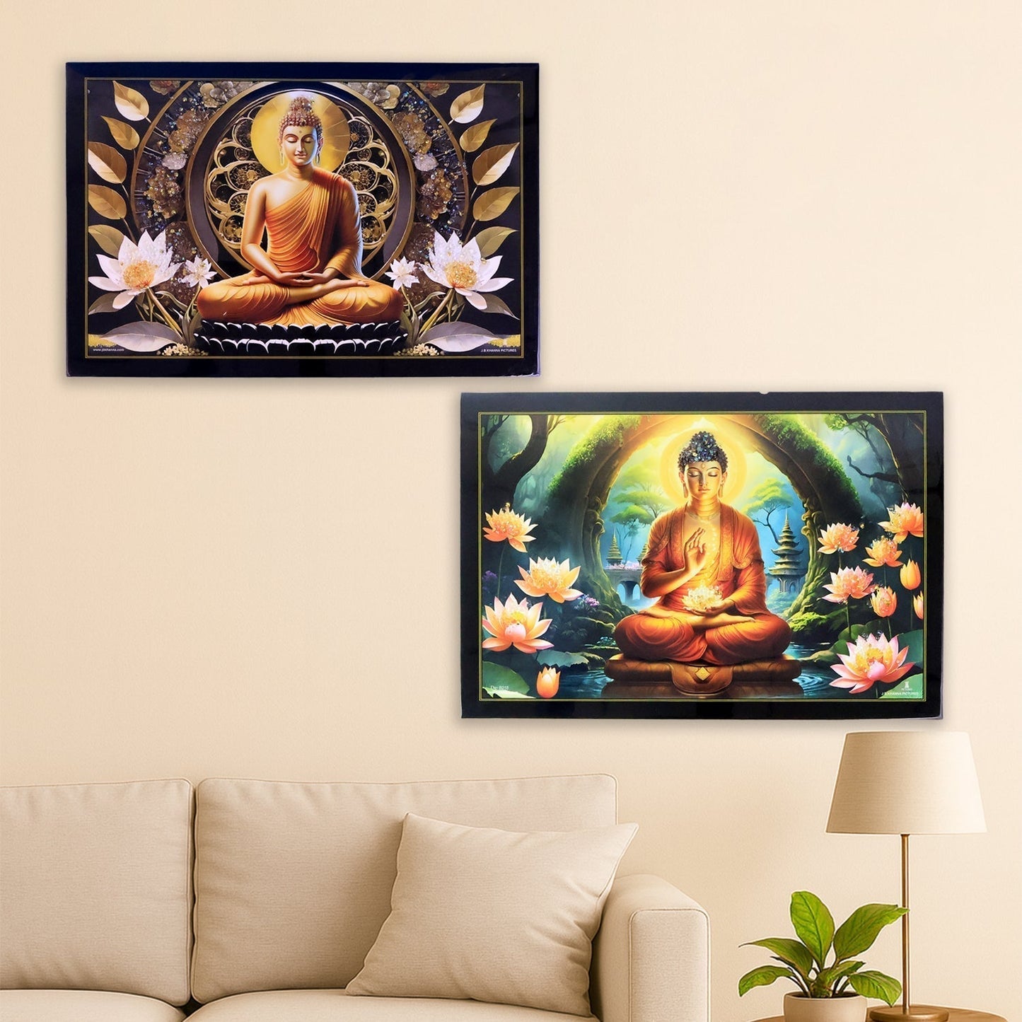 Decorative Lord Buddha Wall Painting with Wooden Frame Mix Design, 45x30 Cm Approx (1 Pc)