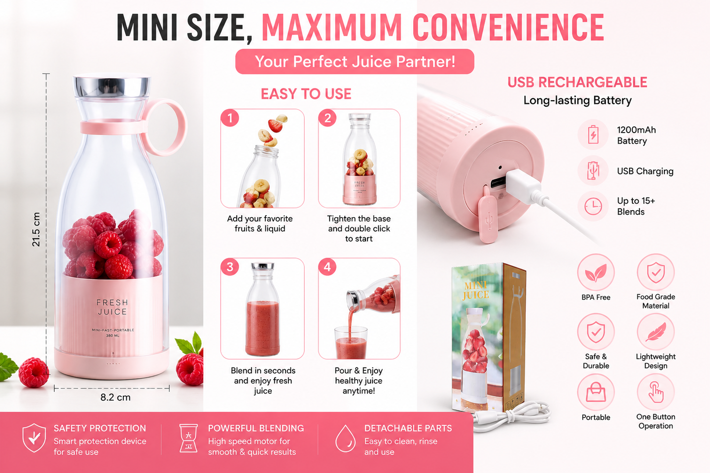 Portable USB Blender Juicer - 6 Blade Portable Smoothie & Shake Maker (Multicolor)