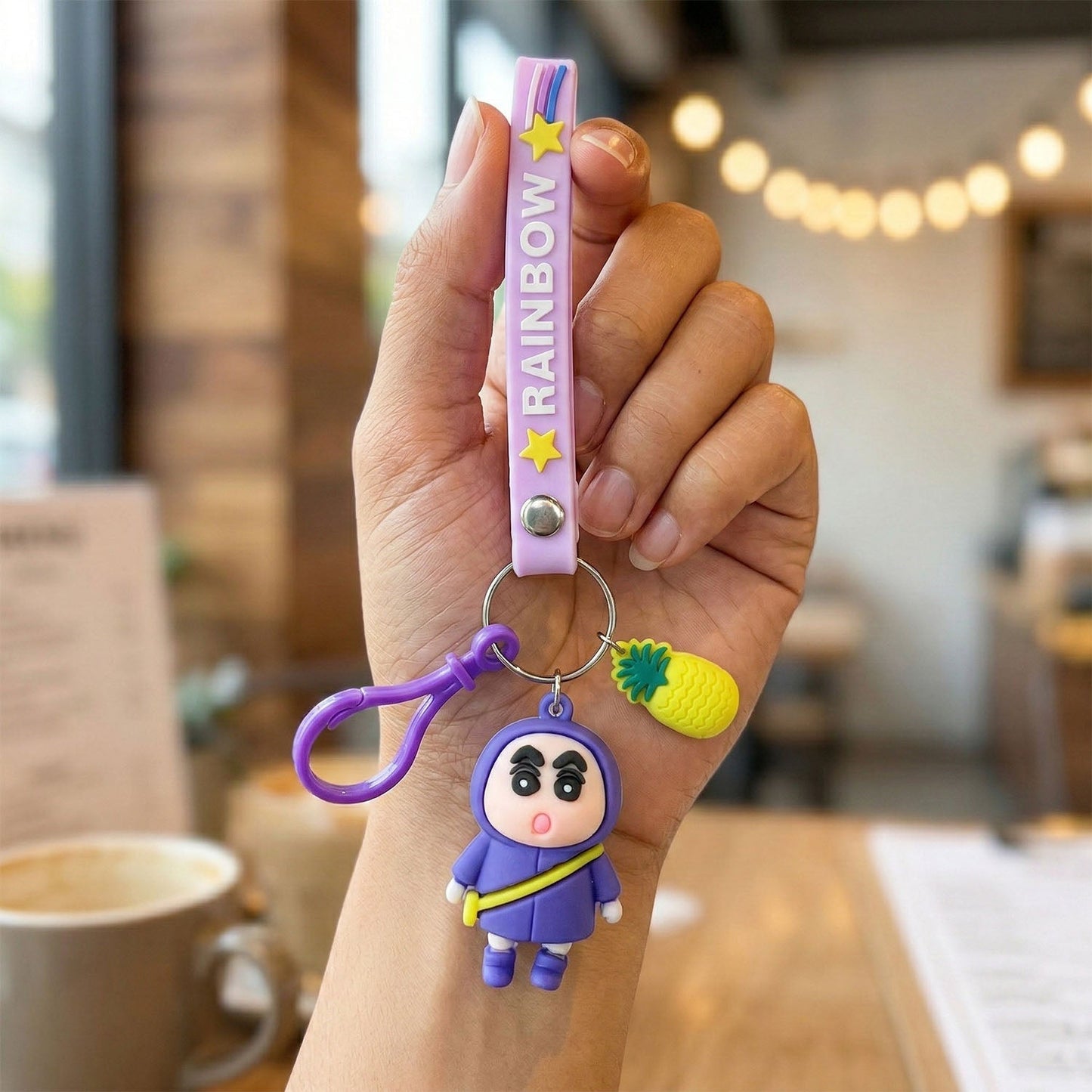 Cute Cartoon Doll Keychain with Strap and Pineapple Charm (1 Pc)