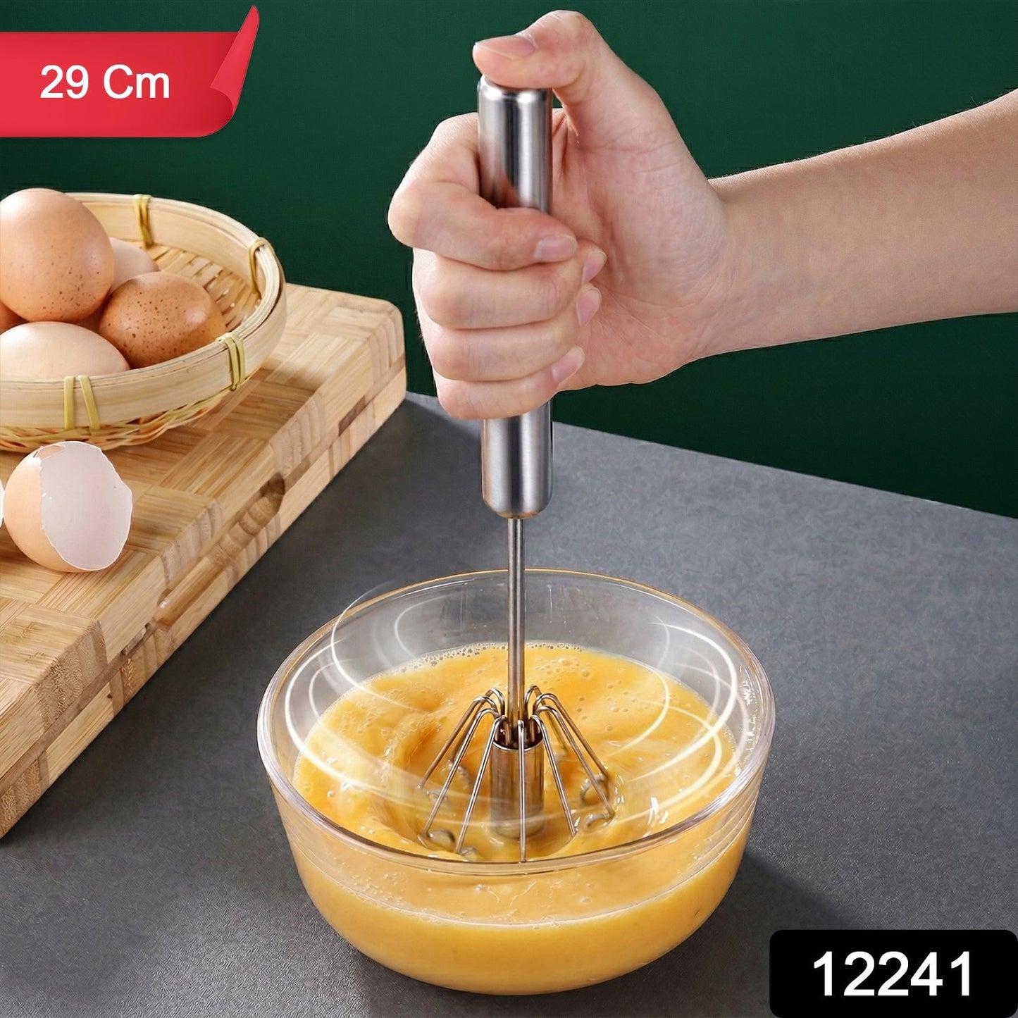 Stainless Steel Hand Push Rotary Whisk (1 Pc, 29 Cm)