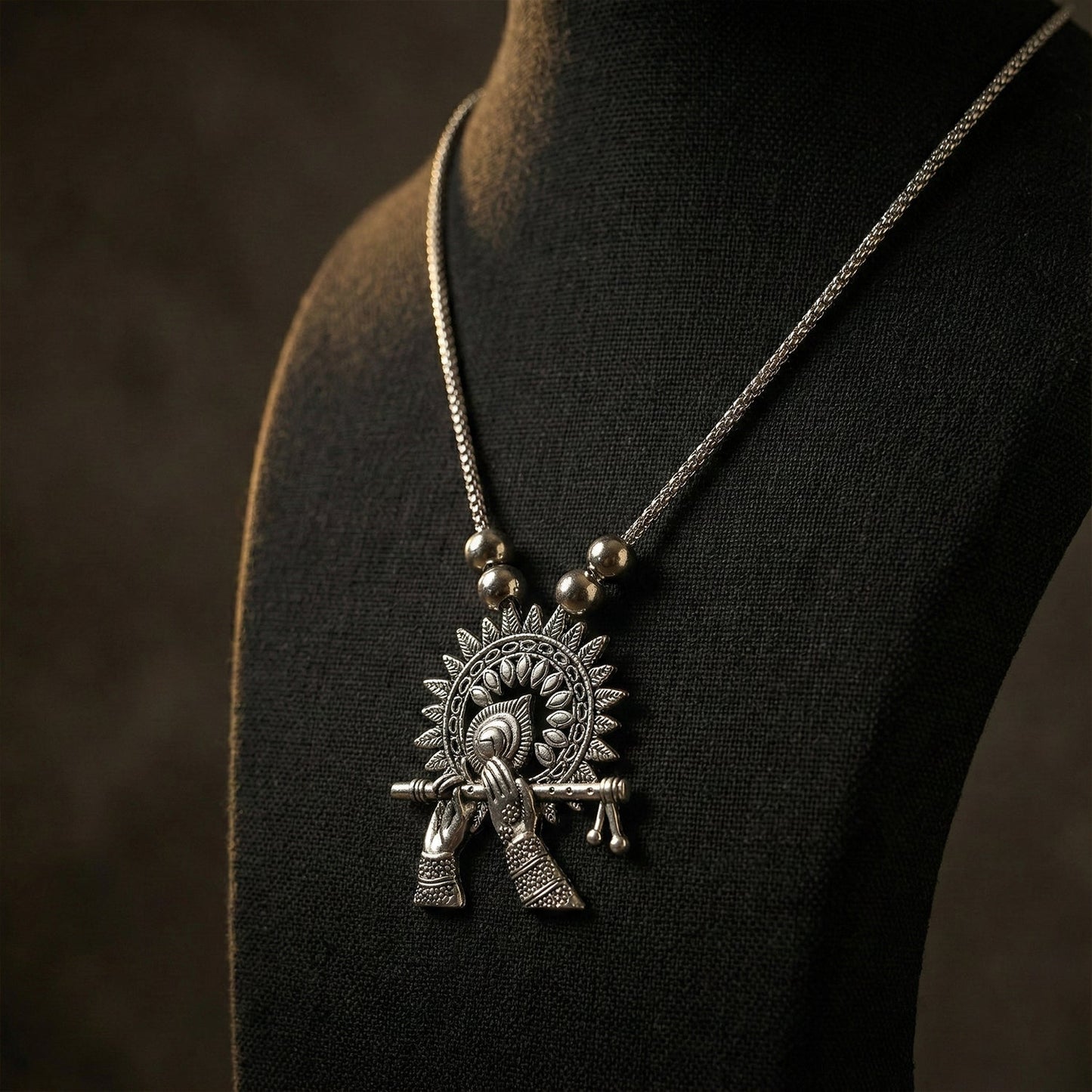 Oxidised Silver Finish Krishna Flute Pendant Necklace (1 Pc)