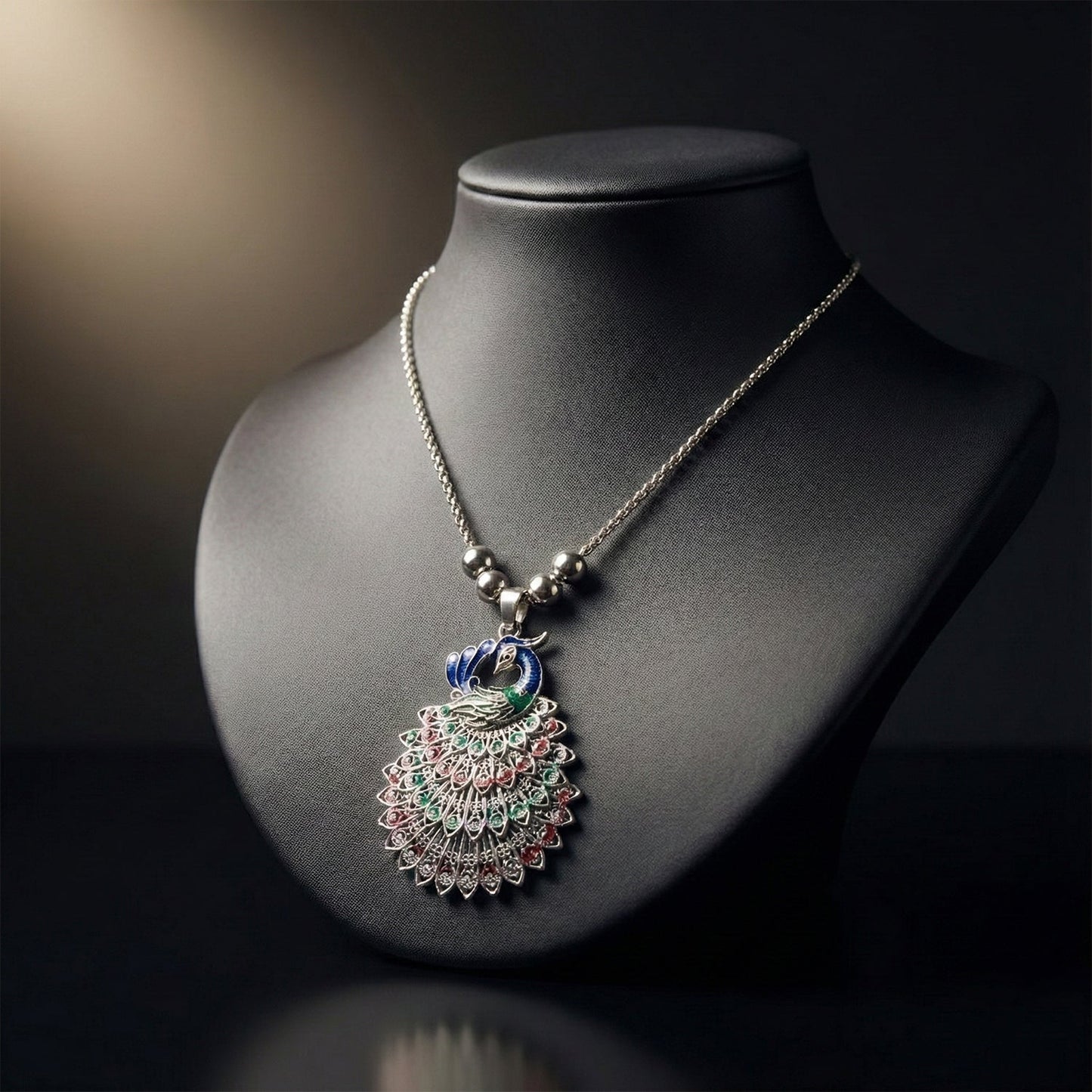 Antique Silver-Tone Peacock Design Oxidized Pendant Necklace (1 Pc)