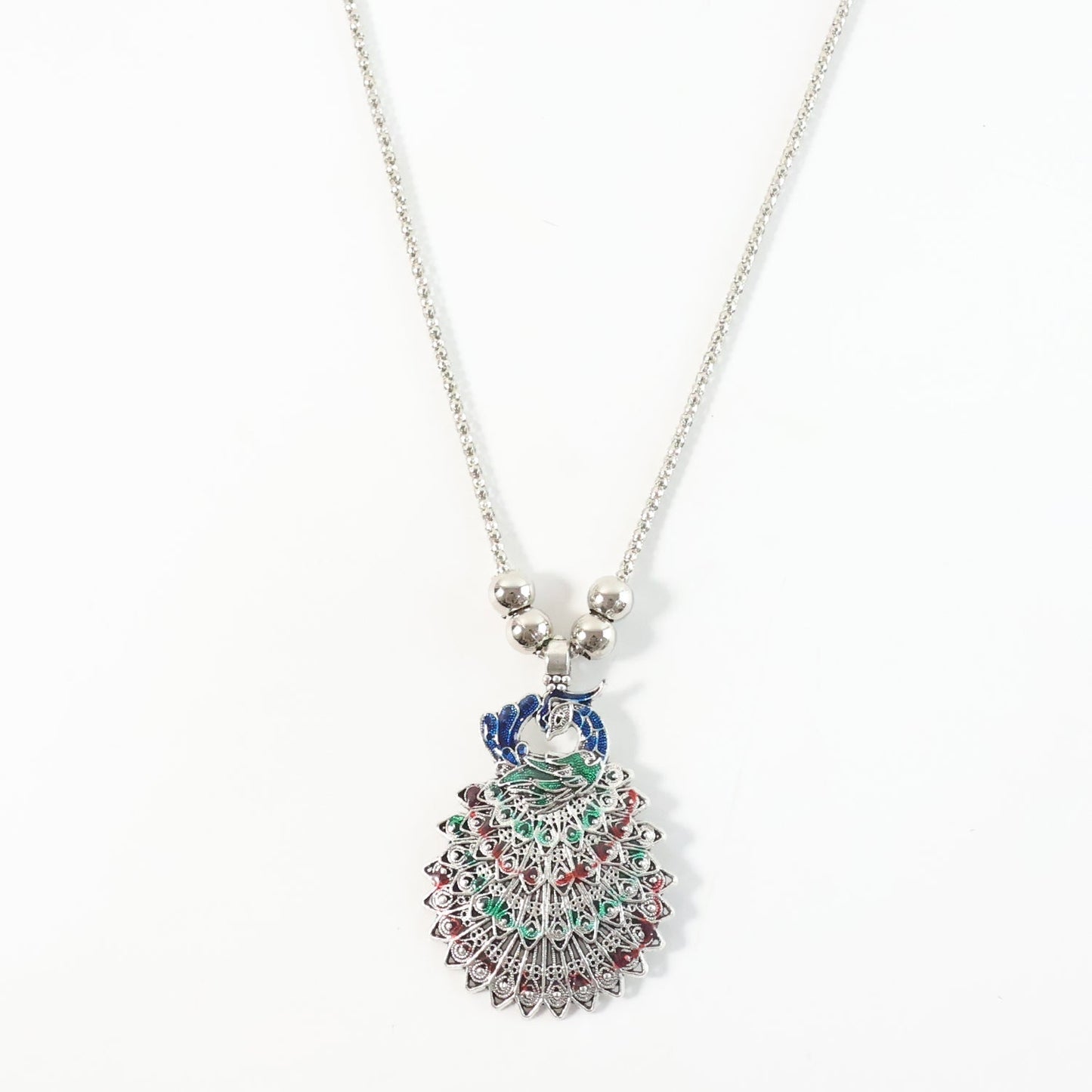 Antique Silver-Tone Peacock Design Oxidized Pendant Necklace (1 Pc)