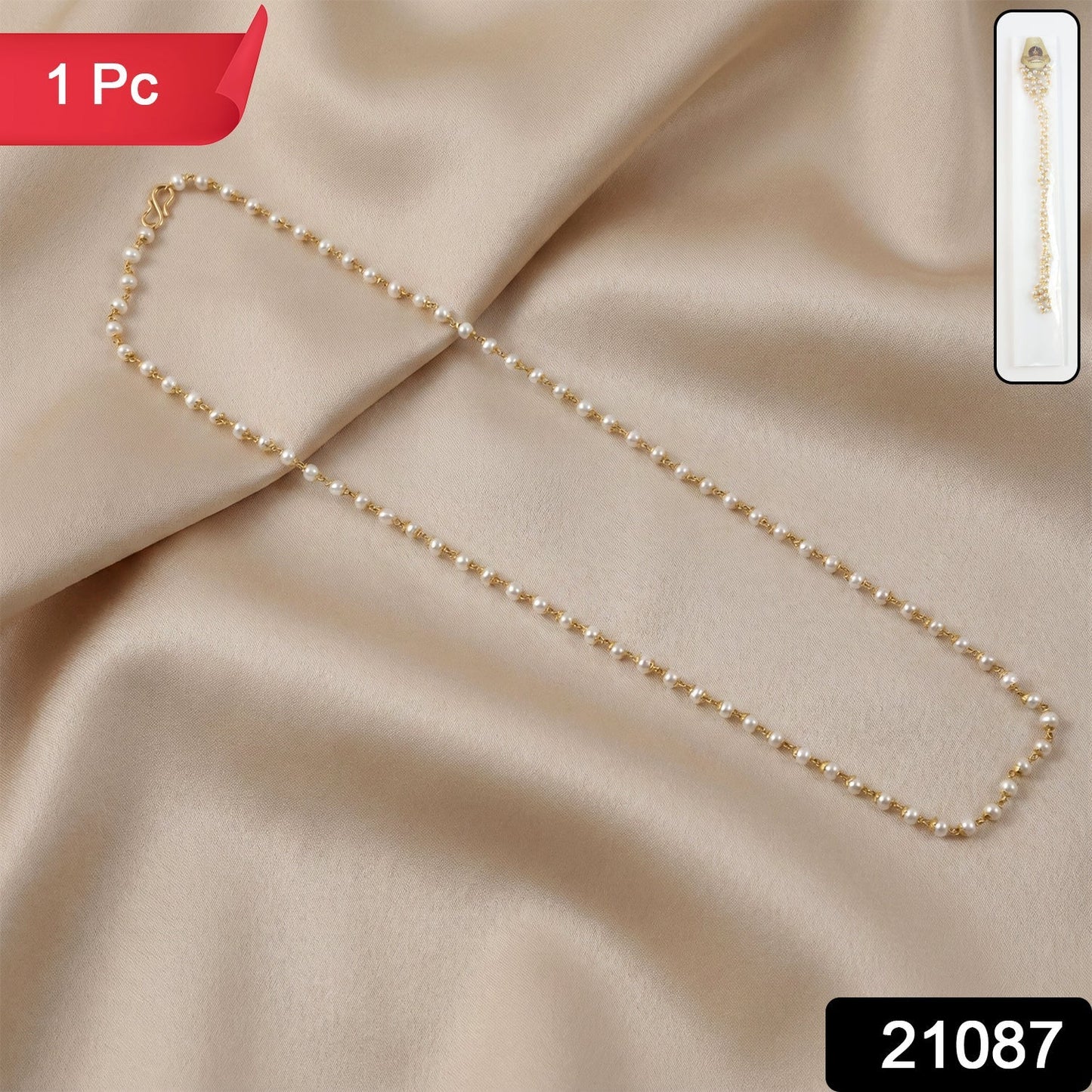 Elegant Pearl Beaded Long Necklace with Gold-Tone Link Chain (1Pc)