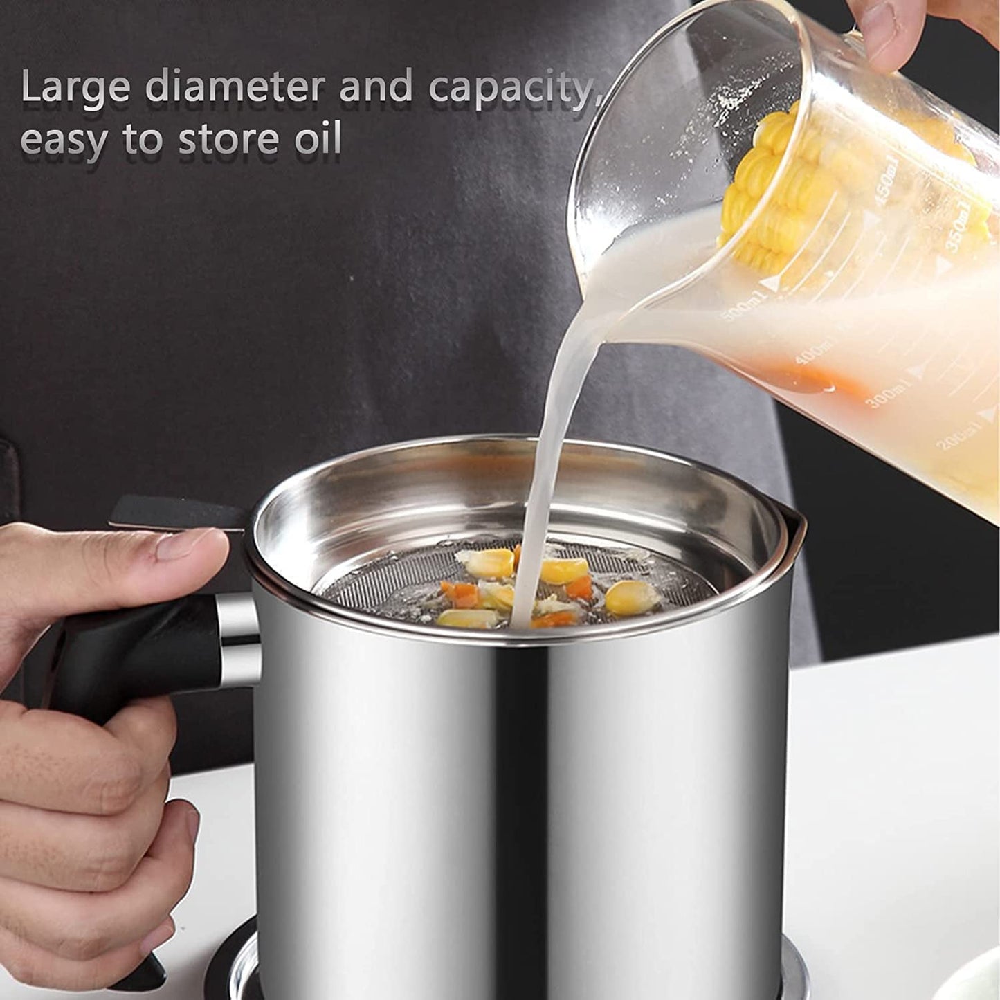 Stainless Steel Oil Strainer Pot with Lid and Filter Mesh (1 Set)