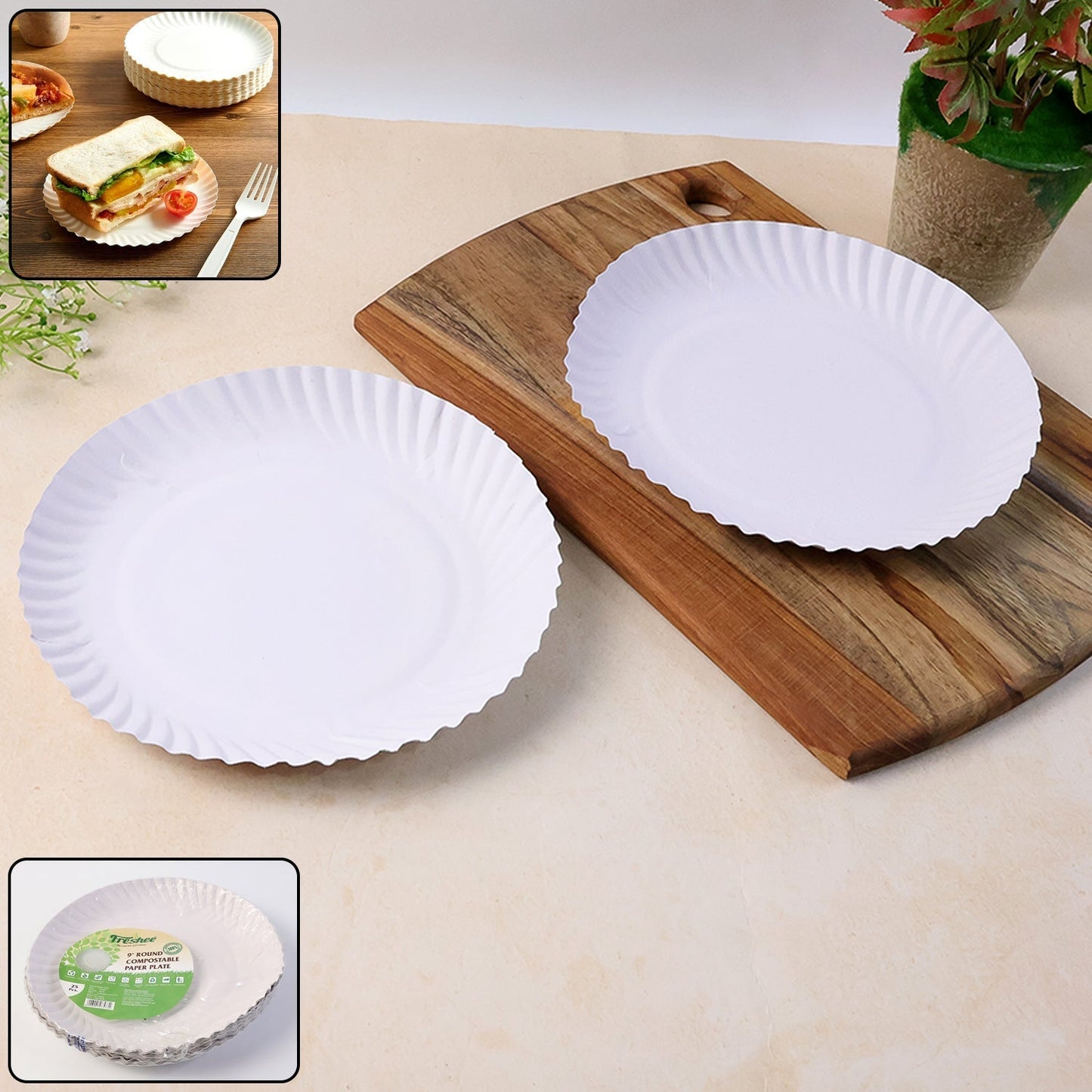 Freshee 9 Inch Round Compostable Paper Plate – 25 Pcs Pack