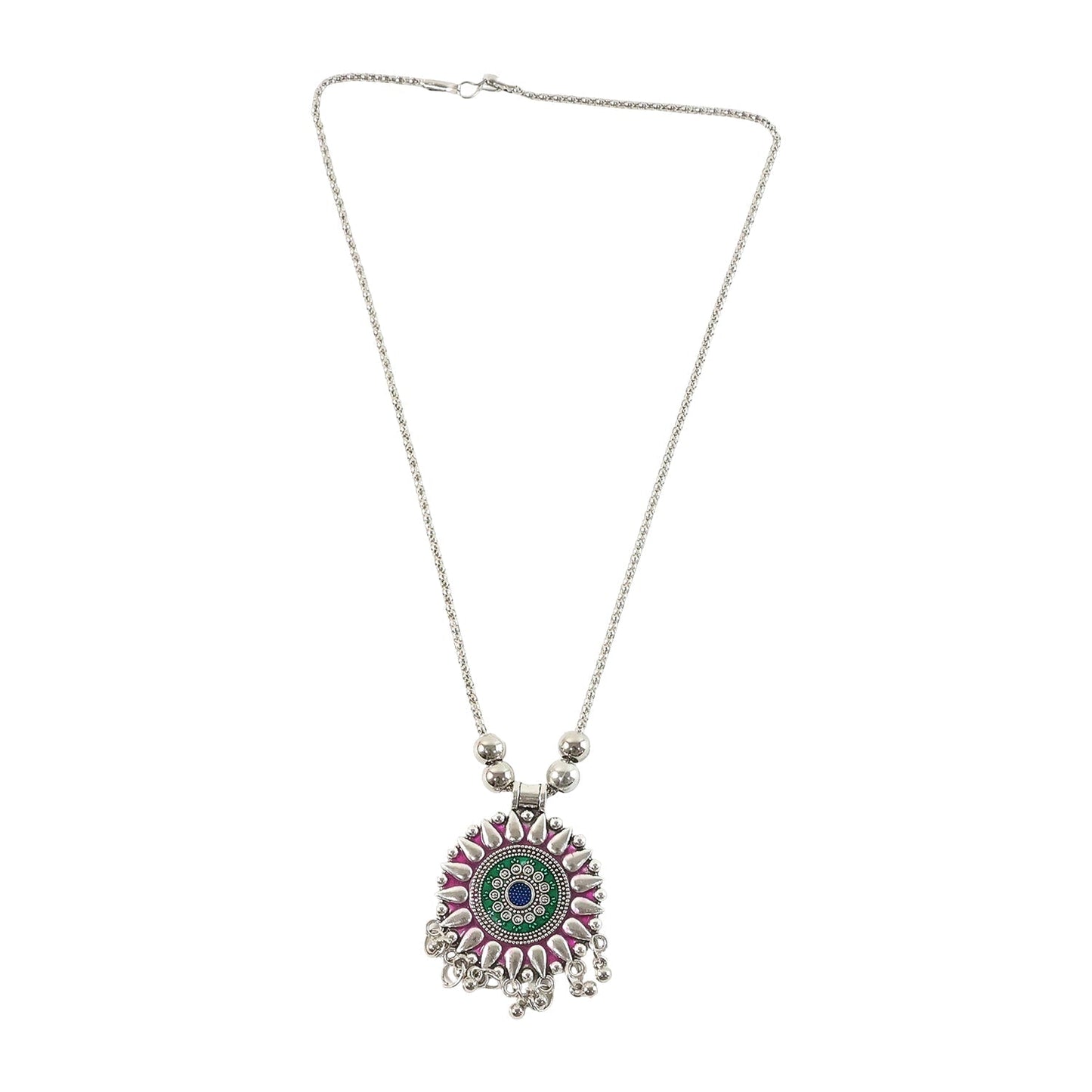 Antique Silver-Tone Oxidized Circular Enamel Pendant Necklace (1 Pc)