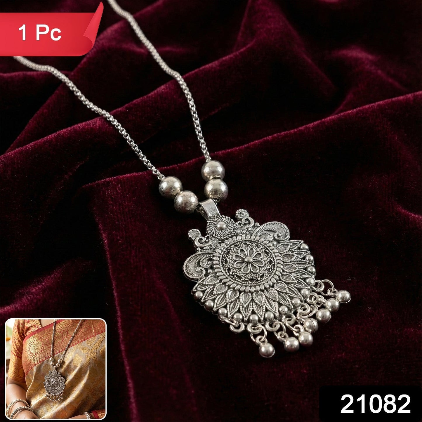 Oxidized Silver Finish Sunburst Floral Pendant Necklace (1 Pc)