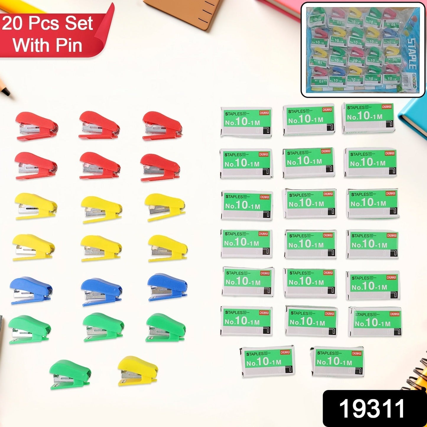 Mini Stapler Set with Staples – Assorted Colors | No.10 Staplers with Pins (20 pcs Set)